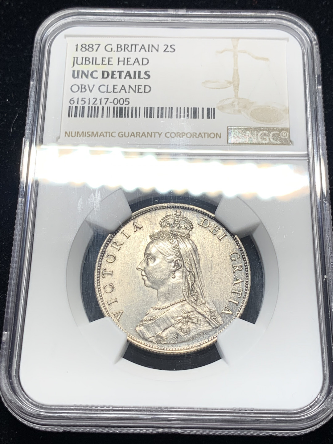 《竞宝斋》钱币微拍-第8场（不限金额顺丰包邮） NGC-UNC 英国 1887年 1弗洛林 银币 原光，状态很好，看来看去都应该有分的