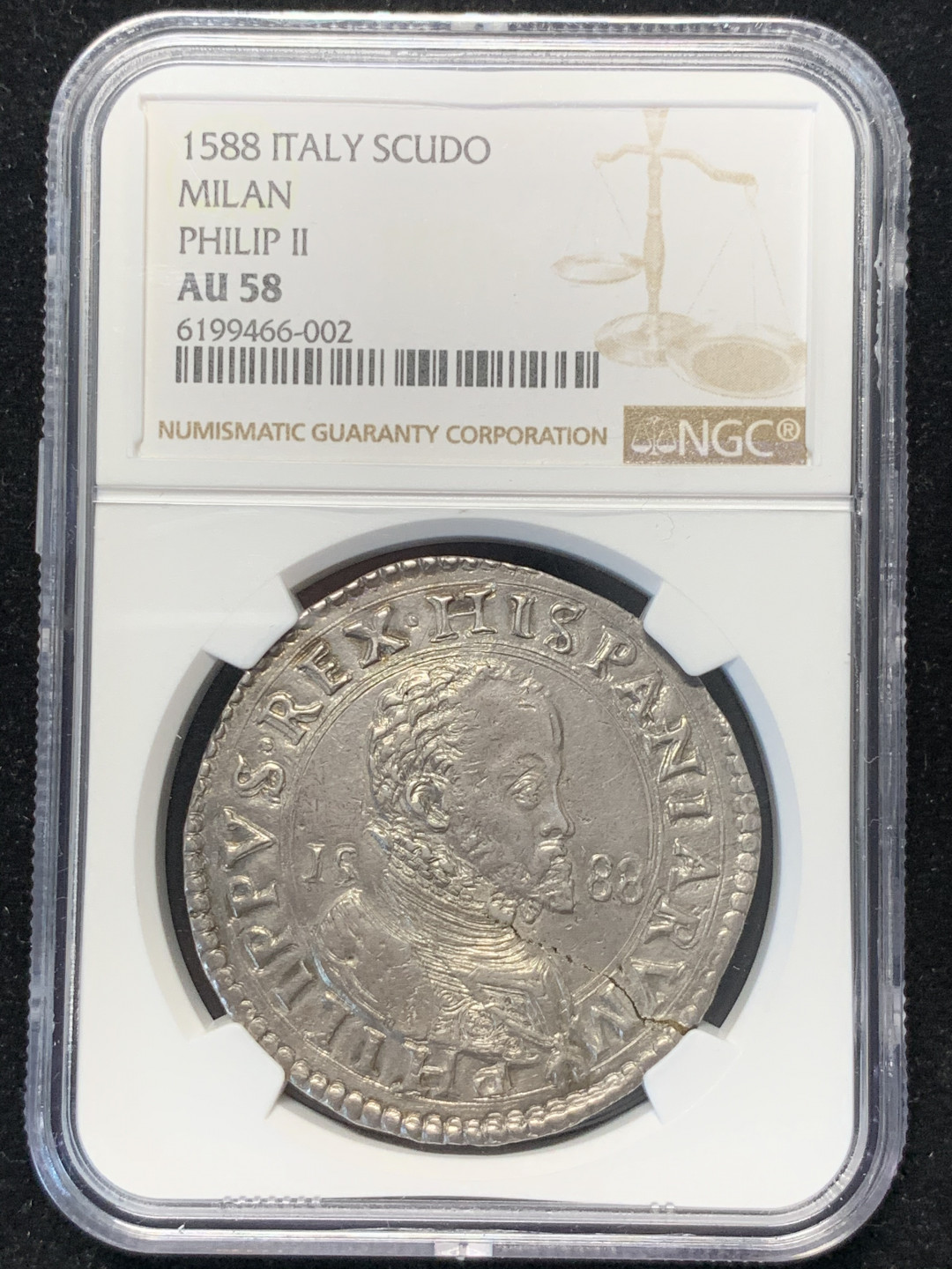 《竞宝斋》钱币微拍-第8场（不限金额顺丰包邮） NGC-AU58 意大利 1588年 费利佩二世 1斯库多 大银币 此品种评级唯一一枚