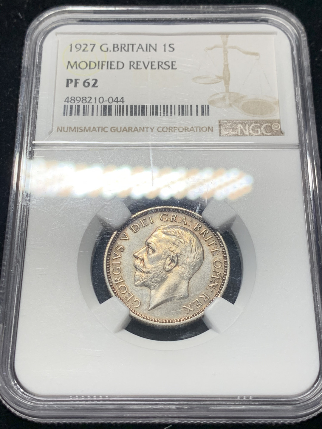 《竞宝斋》钱币微拍-第8场（不限金额顺丰包邮） NGC-PF62 英国1927年乔治五世精制1先令 NGC编号：4898210-044