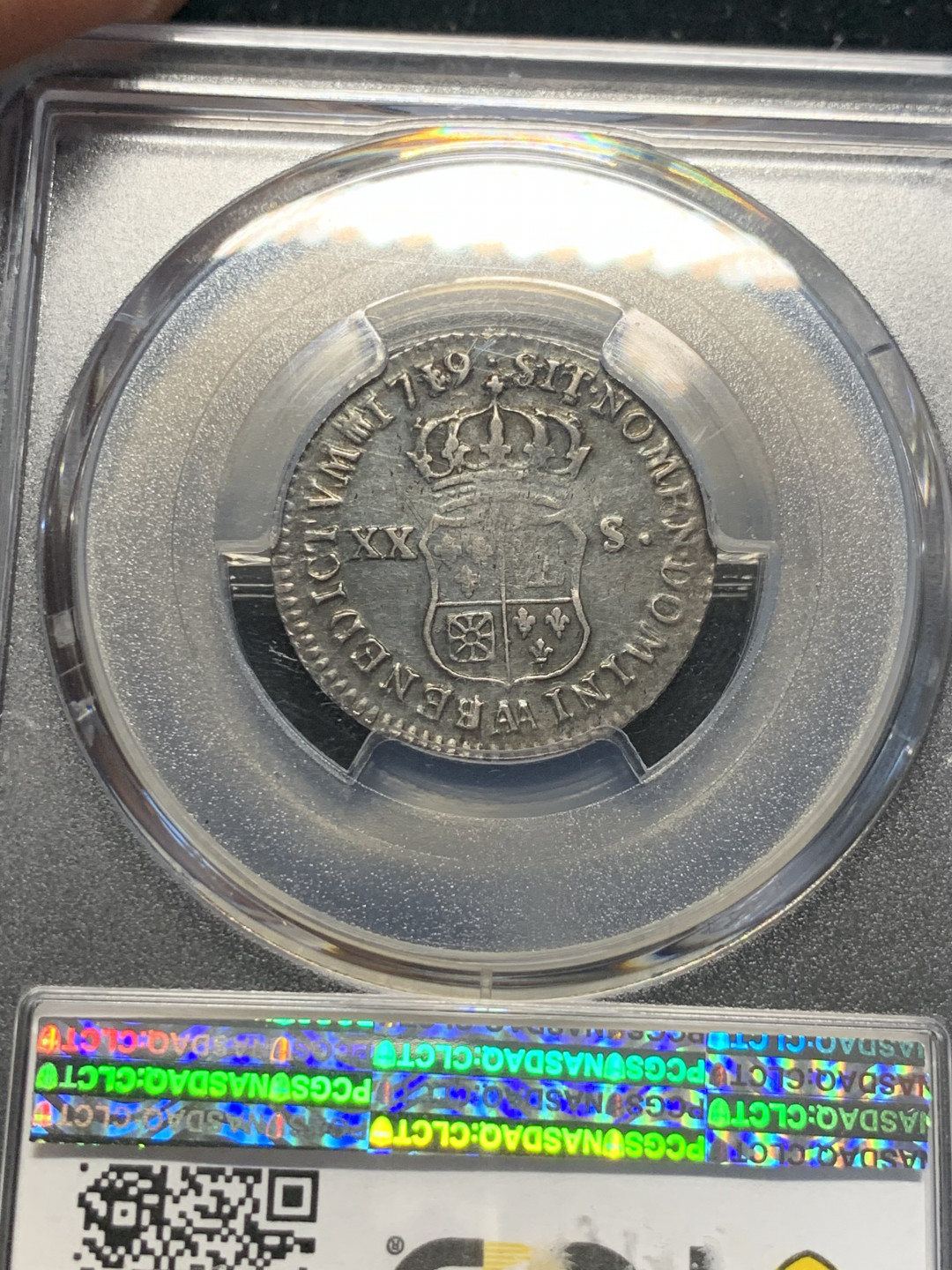 《竞宝斋》钱币微拍-第8场（不限金额顺丰包邮） PCGS VF30  稀少 法国1719年 路易十五 20S 银币 人像面为减重痕 大小与国币库平1.44相当