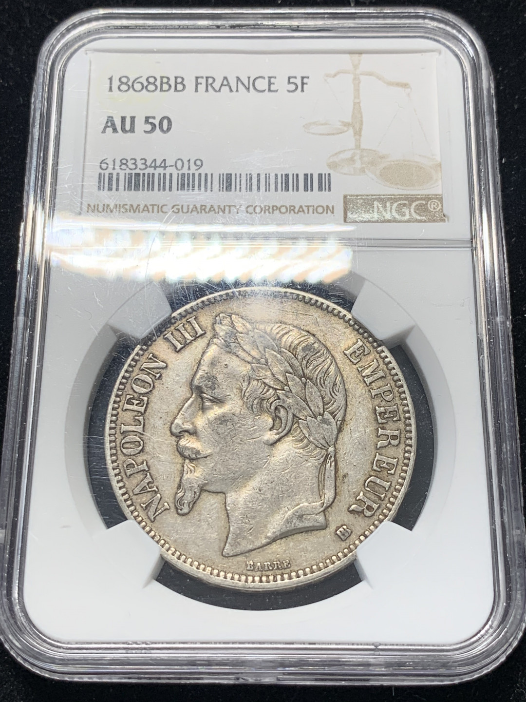 《竞宝斋》钱币微拍-第8场（不限金额顺丰包邮） 原味好品 NGC-AU50 法国拿三1868年BB版 5法郎大银币