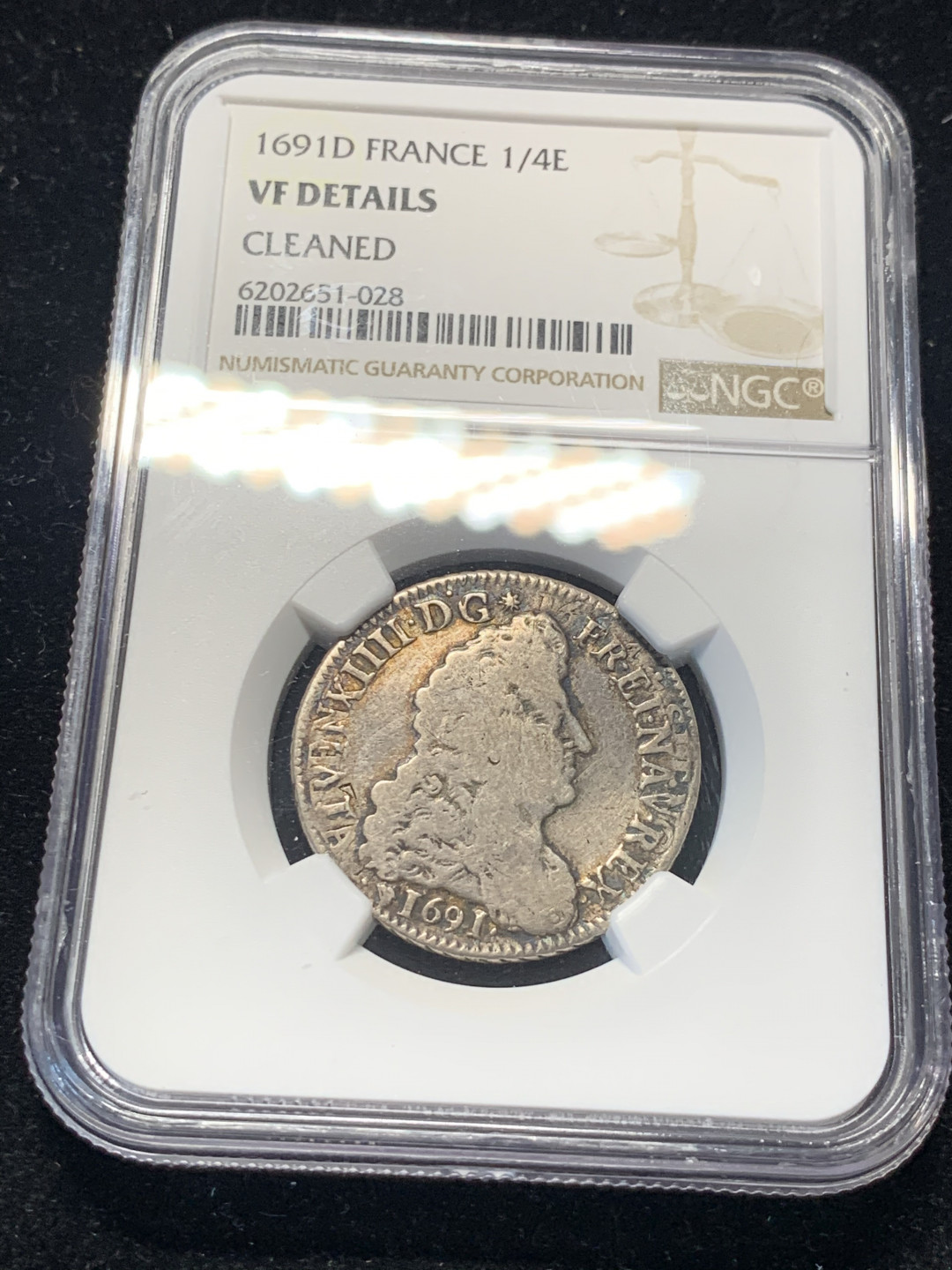 《竞宝斋》钱币微拍-第8场（不限金额顺丰包邮） NGC-VF 法国 1691-D年 路易十四太阳王 1/4埃居 银币 少见品种