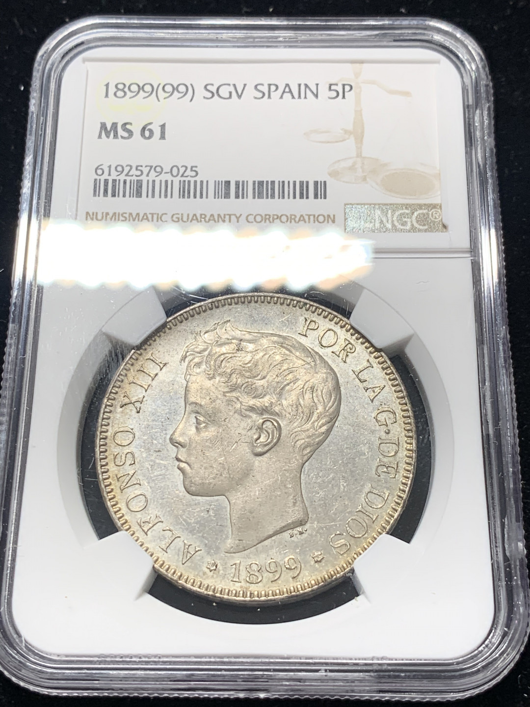 《竞宝斋》钱币微拍-第8场（不限金额顺丰包邮） NGC-MS61 西班牙1899年 阿方索十三世 5比塞塔 双柱 银币 较少年份 原光好品