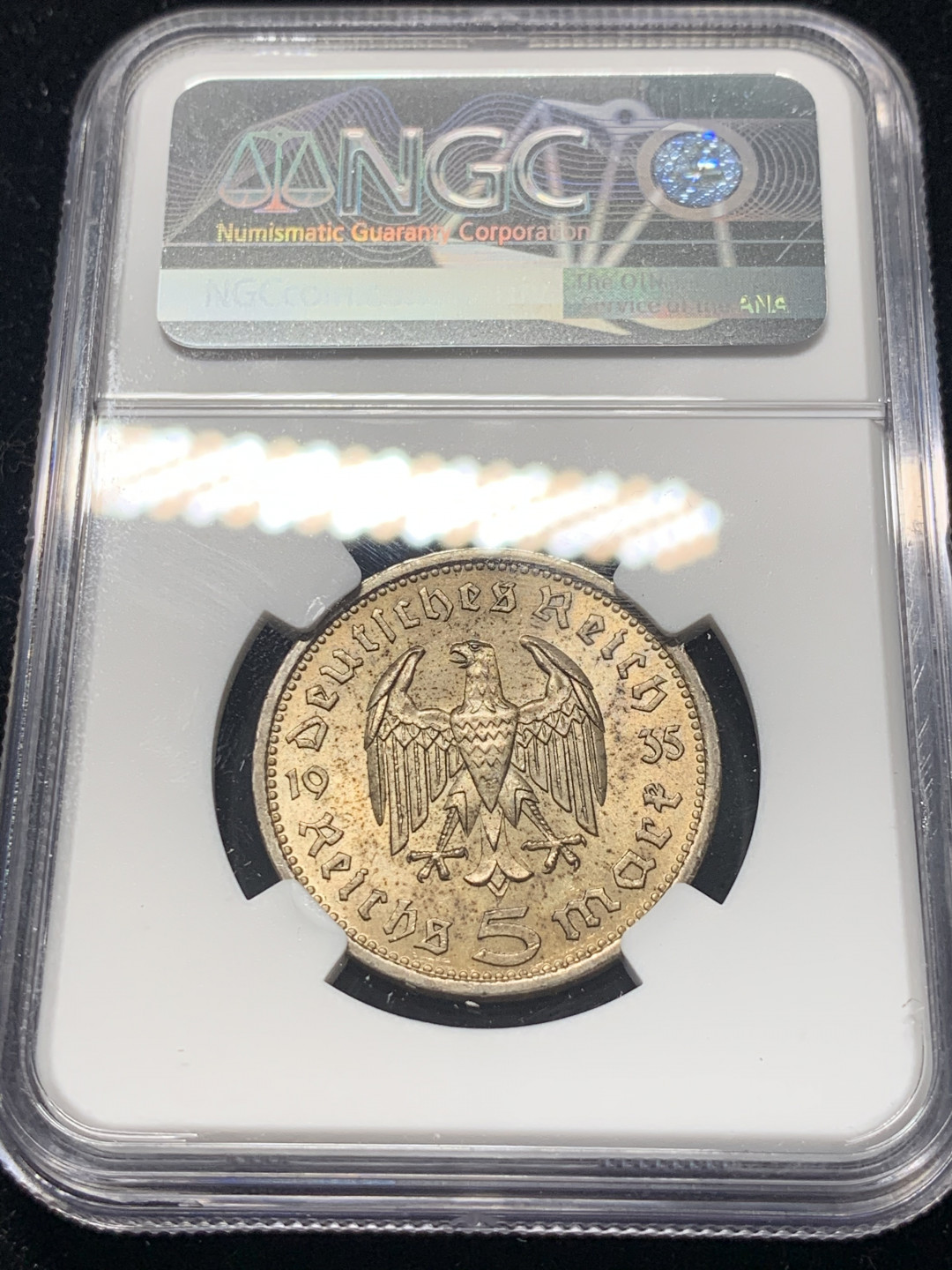 《竞宝斋》钱币微拍-第8场（不限金额顺丰包邮） NGC-MS63 德国兴登堡 1935年 5马克 银币 金色环彩转光 一流的味道