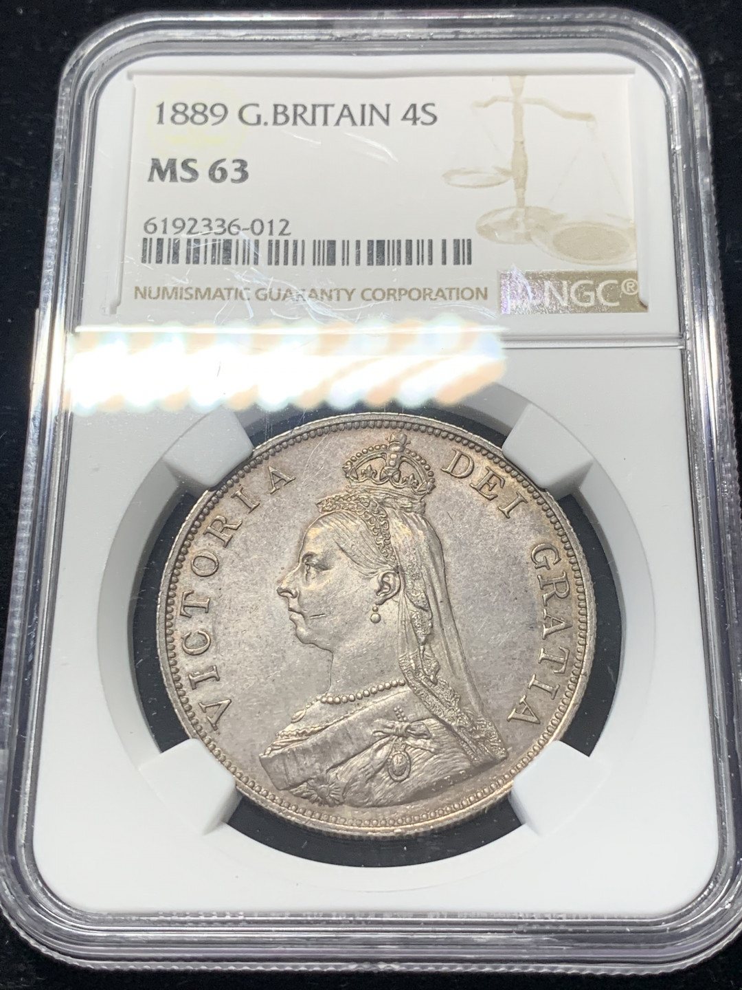 《竞宝斋》钱币微拍-第8场（不限金额顺丰包邮） NGC-MS63 英国 1889年 维多利亚女王 双福林4先令 银币