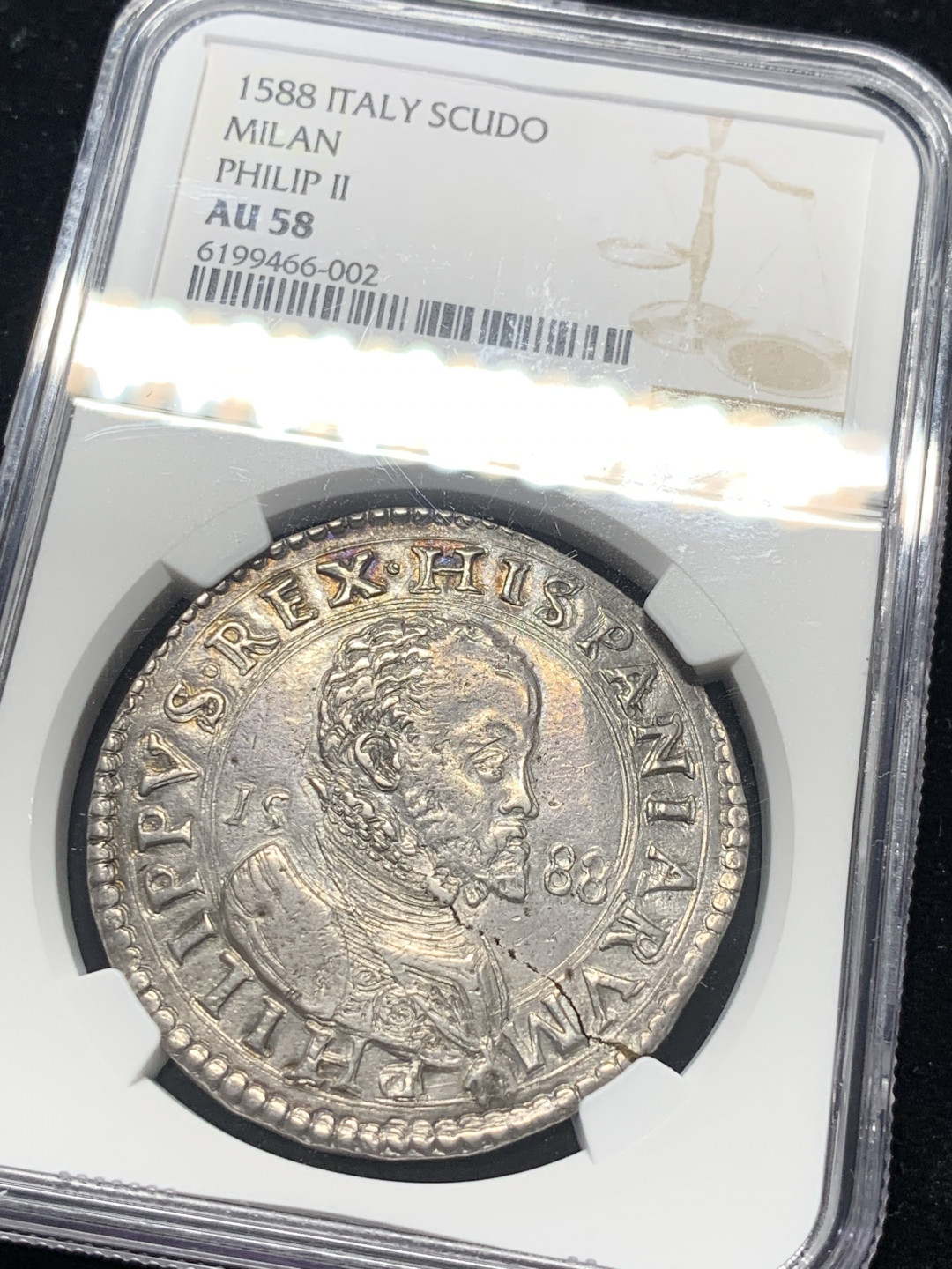 《竞宝斋》钱币微拍-第8场（不限金额顺丰包邮） NGC-AU58 意大利 1588年 费利佩二世 1斯库多 大银币 此品种评级唯一一枚