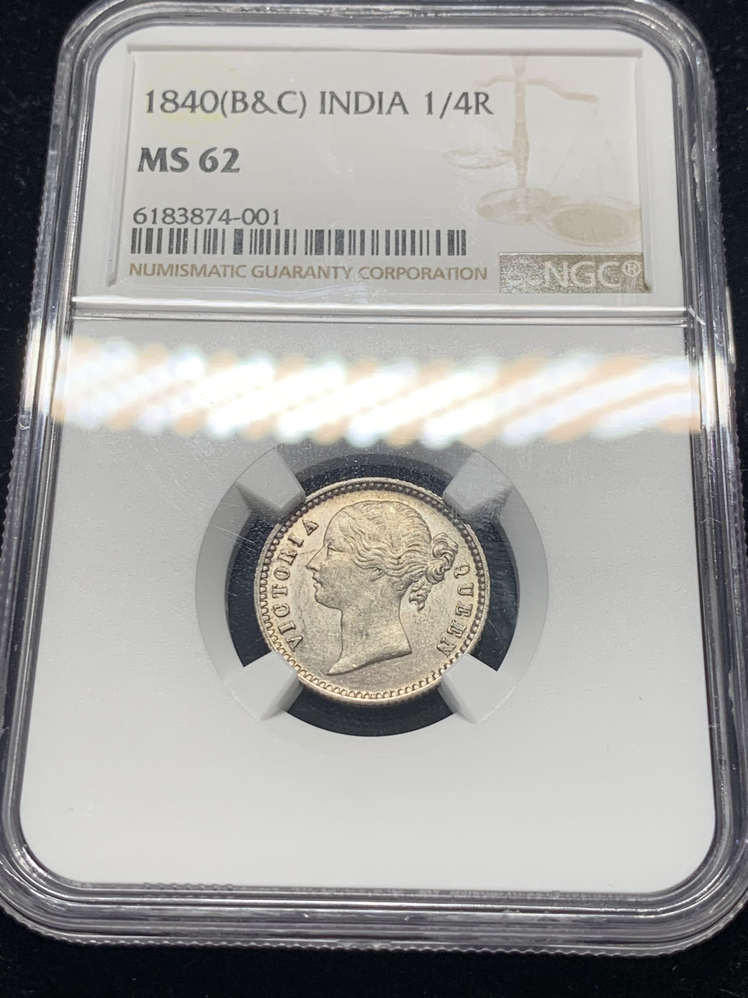 《竞宝斋》钱币微拍-第8场（不限金额顺丰包邮） NGC-MS62 英属印度1840年维多利亚1/4卢比 NGC编号：6183874-001