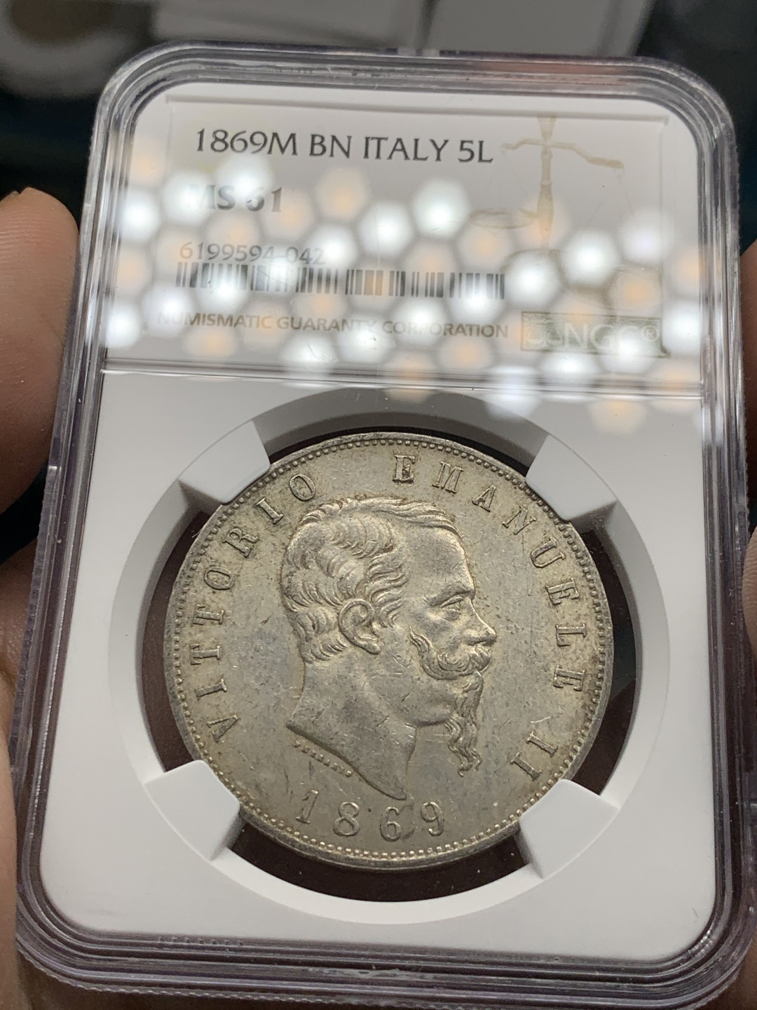 《竞宝斋》钱币微拍-第8场（不限金额顺丰包邮） NGC-MS61 意大利 1869年 5里拉 银币 带光