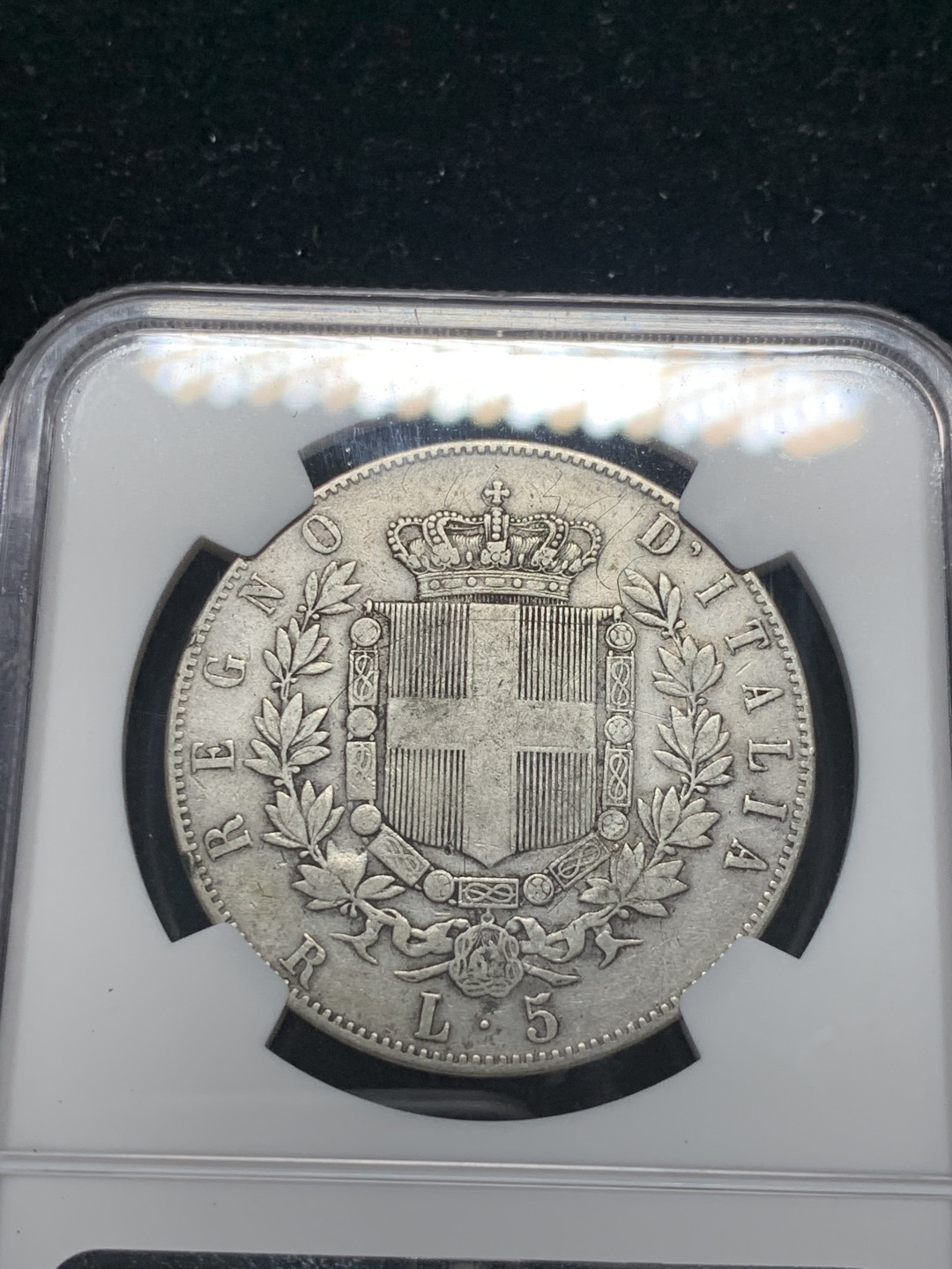 《竞宝斋》钱币微拍-第8场（不限金额顺丰包邮） 1871R意大利5里拉银币ngc评级VFD，稀有特年，克书价格高
