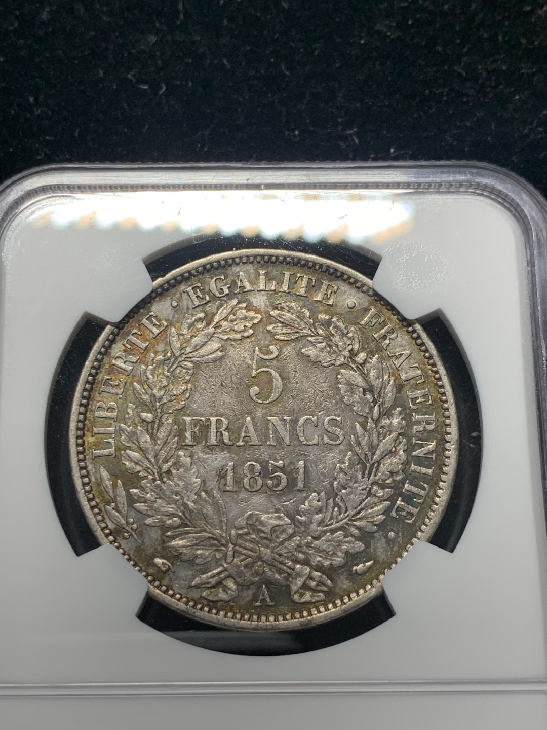 《竞宝斋》钱币微拍-第8场（不限金额顺丰包邮） NGC-AU53 法国1851-A年 谷物女神 5法郎 五彩包浆 漂亮的大银