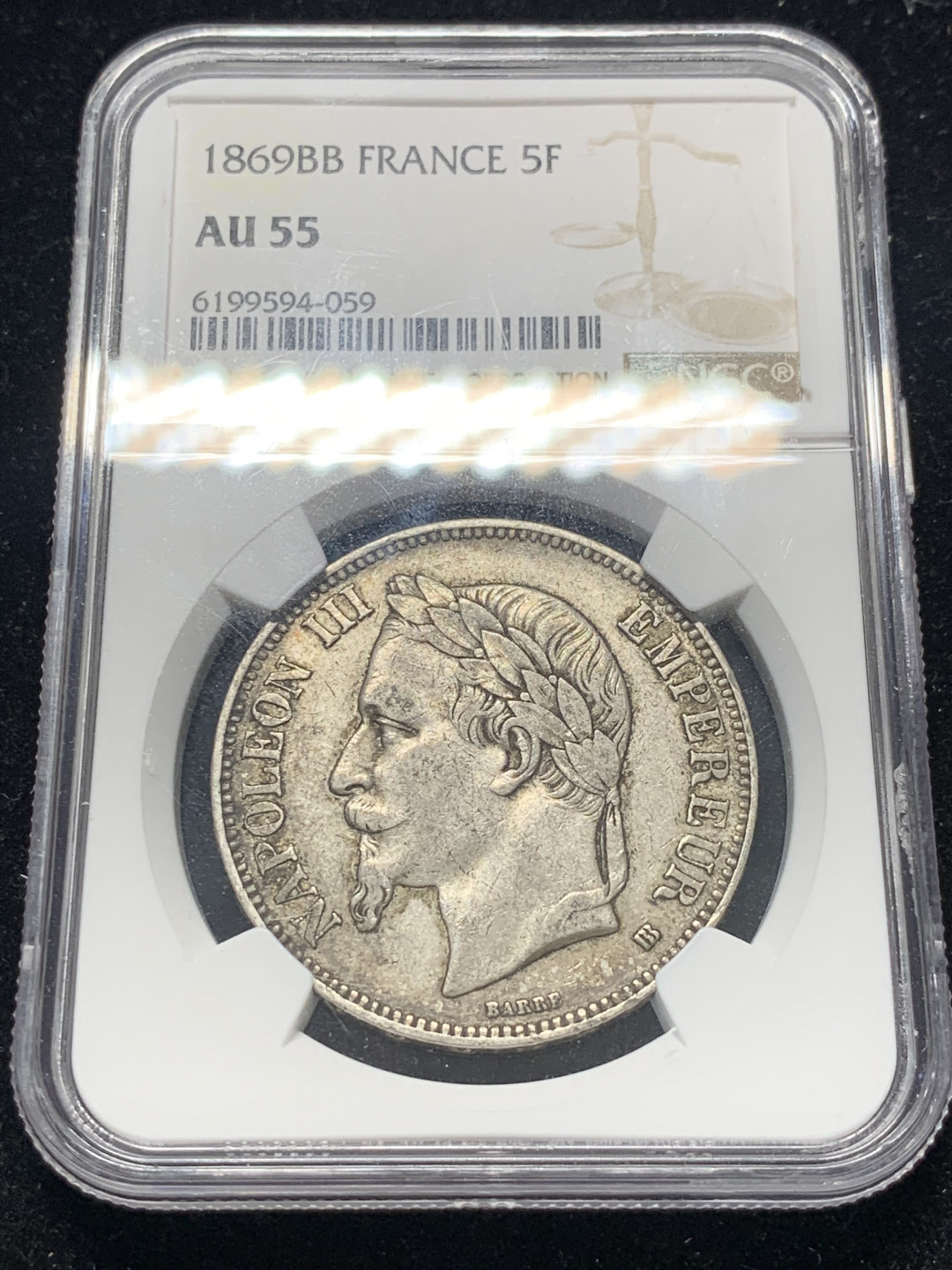 《竞宝斋》钱币微拍-第8场（不限金额顺丰包邮） 原味好细节 NGC-AU55 法国拿三1869年BB版 5法郎大银币