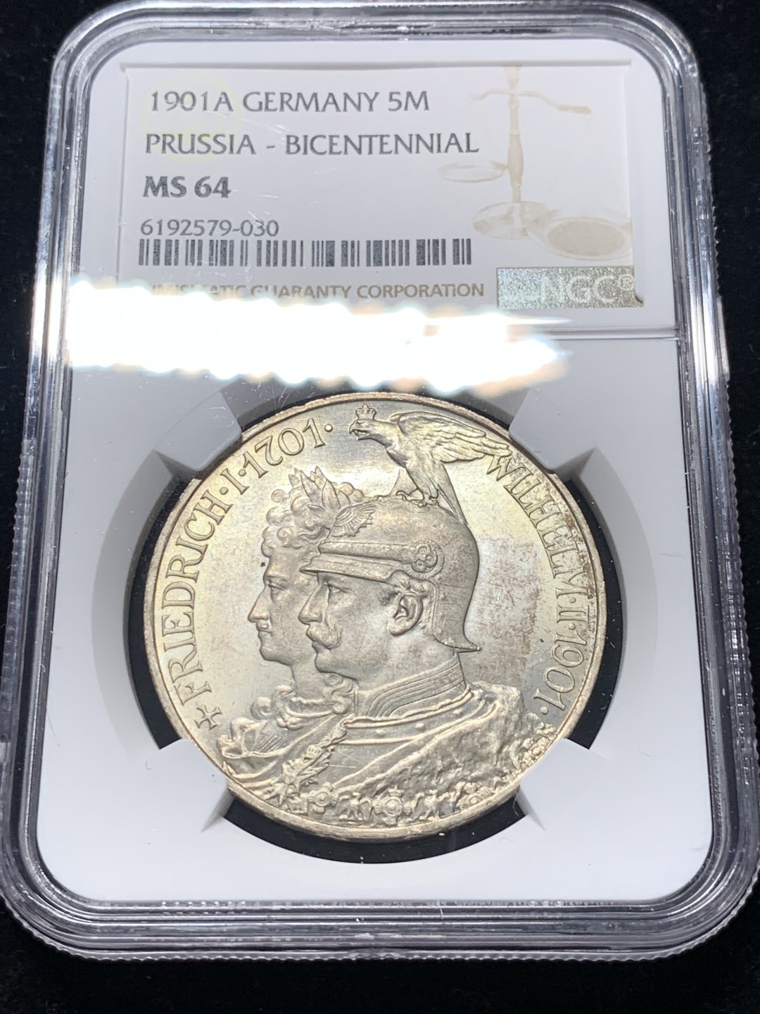 《竞宝斋》钱币微拍-第8场（不限金额顺丰包邮） NGC-MS64 德国普鲁士 1901年 200周年纪念 5马克 粉光 银币