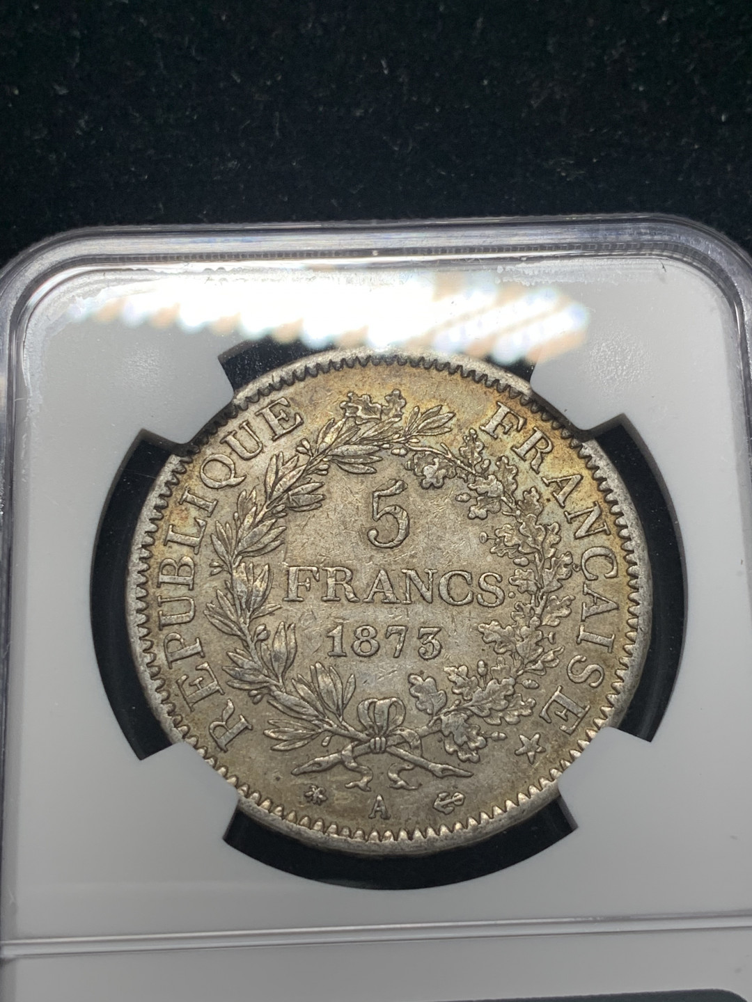 《竞宝斋》钱币微拍-第8场（不限金额顺丰包邮） NGC-AU55 法国1873年 大力神 5法郎 原味带彩 大银币