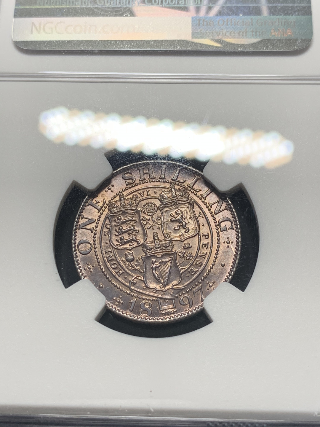 《竞宝斋》钱币微拍-第8场（不限金额顺丰包邮） NGC-MS63 英国1897年维多利亚1先令 NGC编号：6178684-005 双面带紫罗兰包浆 味道极好