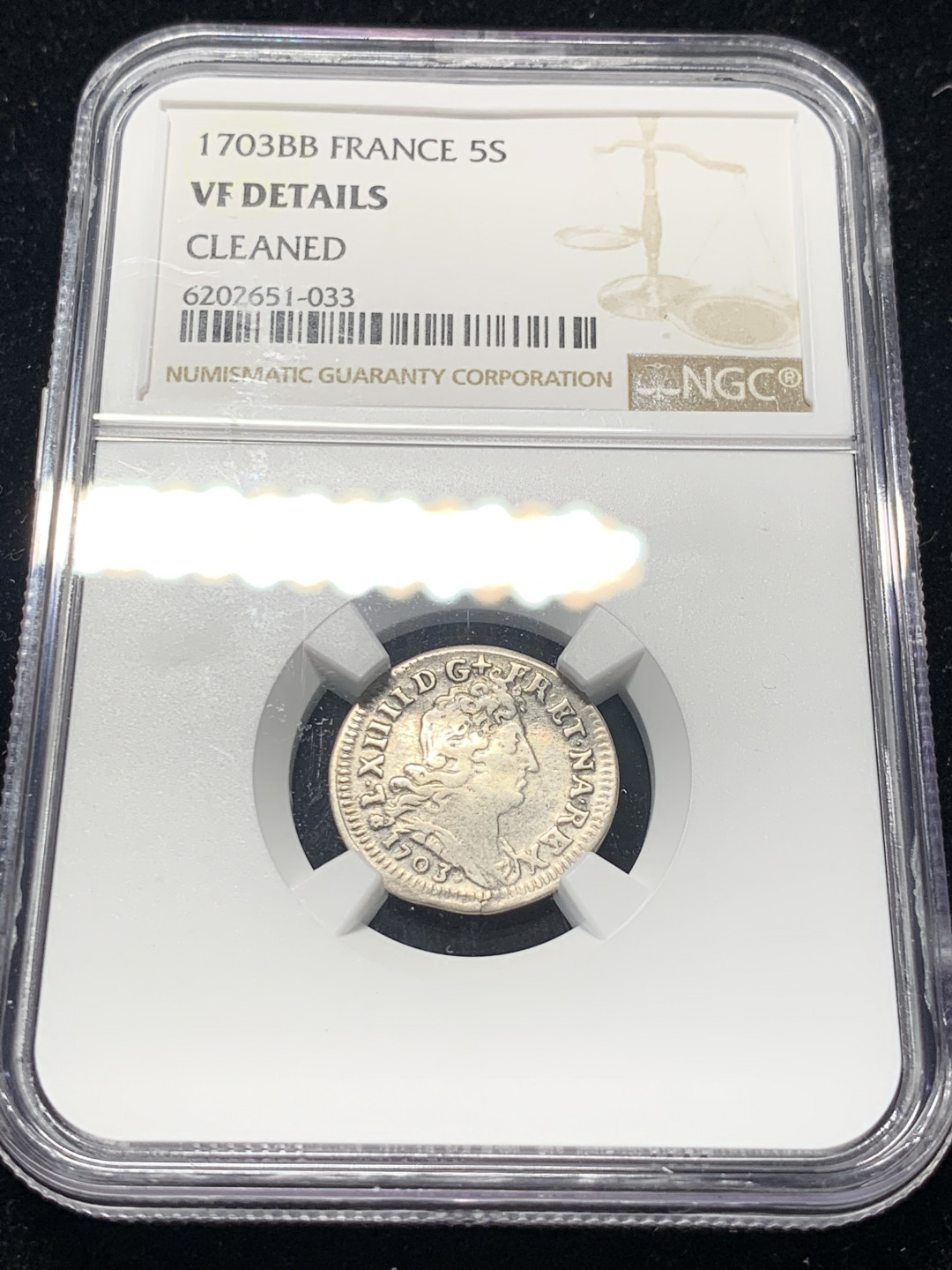 《竞宝斋》钱币微拍-第8场（不限金额顺丰包邮） NGC-VF 法国 1703-BB年 路易十四 5S 银币 细节不错 稀少的厂名 可惜没给分