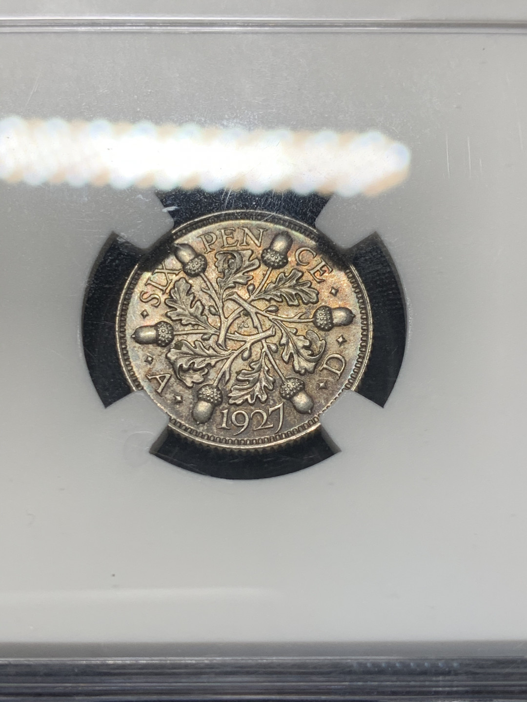 《竞宝斋》钱币微拍-第8场（不限金额顺丰包邮） NGC Proof Details OBV Scratched 英国1927年乔治五世精制6便士 NGC编号：4898210-043 盒子有裂