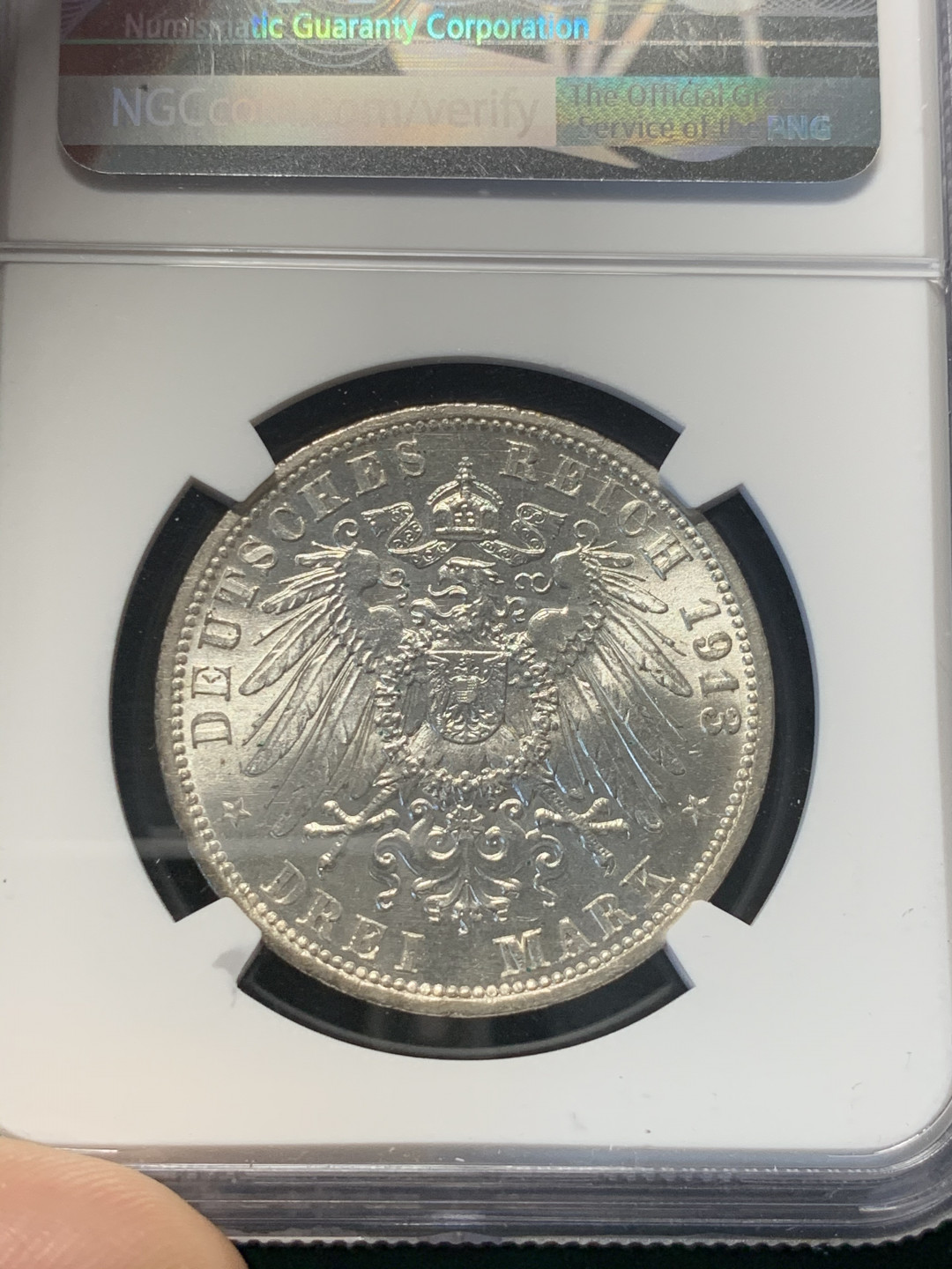 《竞宝斋》钱币微拍-第8场（不限金额顺丰包邮） NGC-MS60 德国普鲁士 1913-A年 军装版 3马克 银币 转光 严重低评