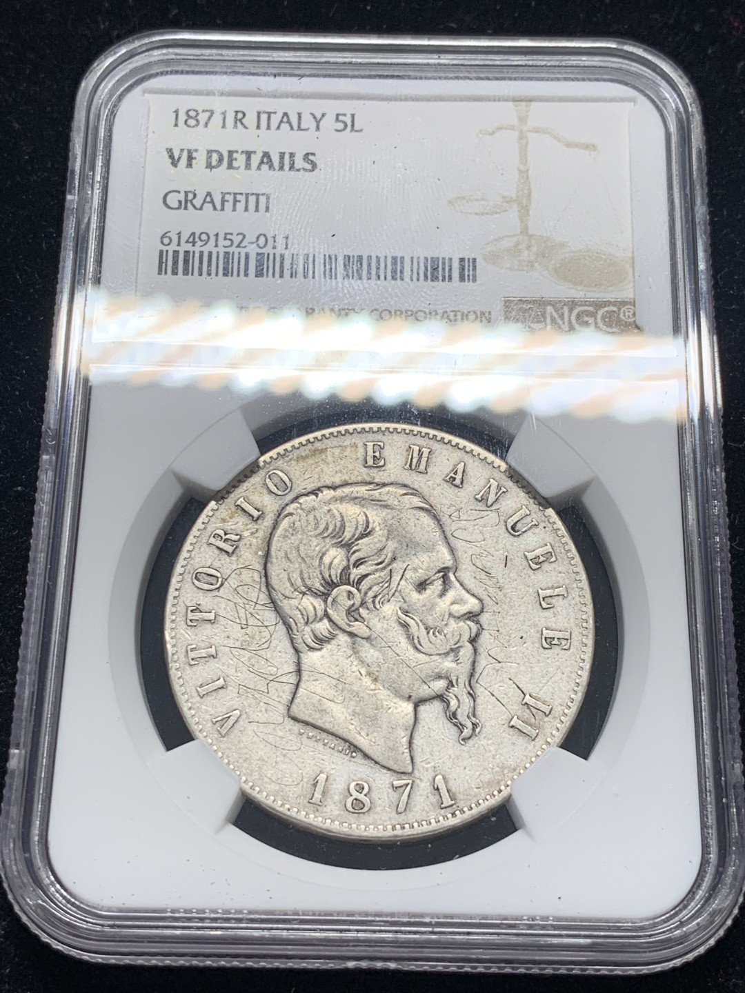 《竞宝斋》钱币微拍-第8场（不限金额顺丰包邮） 1871R意大利5里拉银币ngc评级VFD，稀有特年，克书价格高