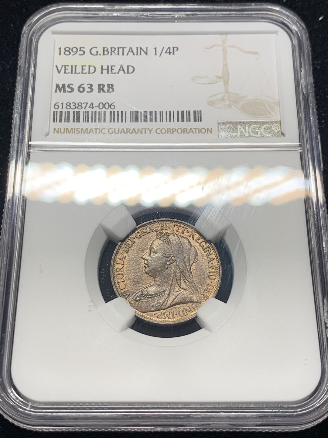 《竞宝斋》钱币微拍-第8场（不限金额顺丰包邮） NGC-MS63RB 英国1895年维多利亚1/4便士 NGC编号：6183874-006