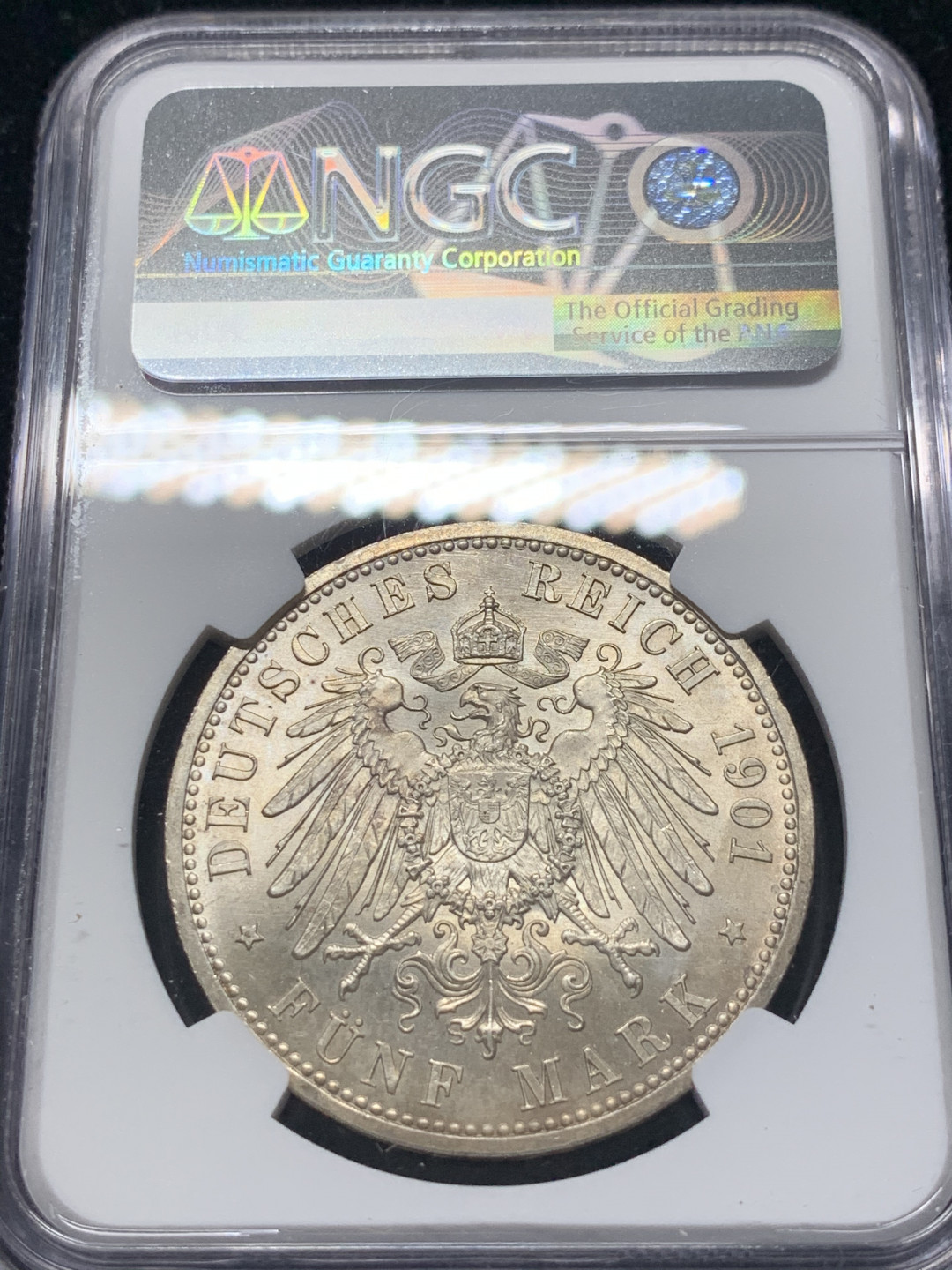 《竞宝斋》钱币微拍-第8场（不限金额顺丰包邮） NGC-MS64 德国普鲁士 1901年 200周年纪念 5马克 粉光 银币