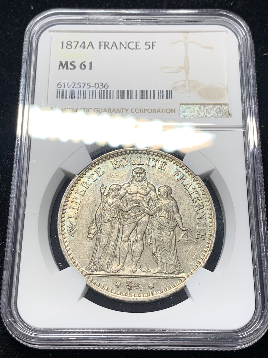 《竞宝斋》钱币微拍-第8场（不限金额顺丰包邮） NGC-MS61 法国 1874年 大力神 5法郎 淡彩原味 大银币