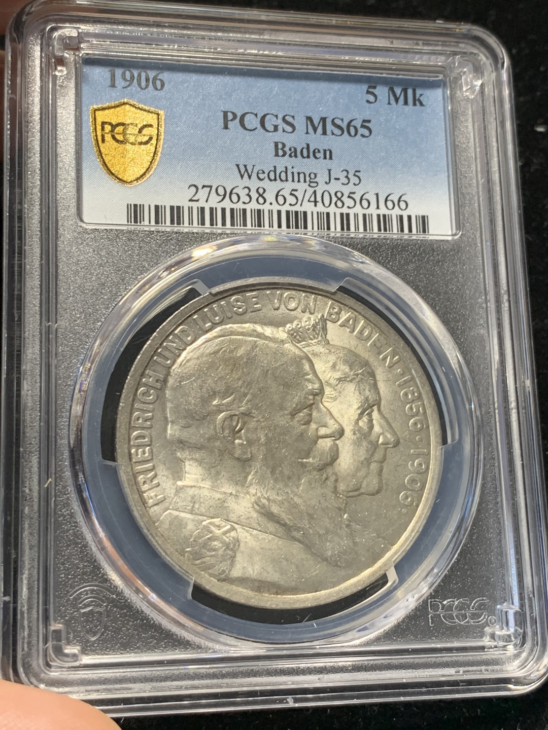 《竞宝斋》钱币微拍-第8场（不限金额顺丰包邮） PCGS-MS65 德国巴登 1906年 金婚 5马克大银币 顶级状态