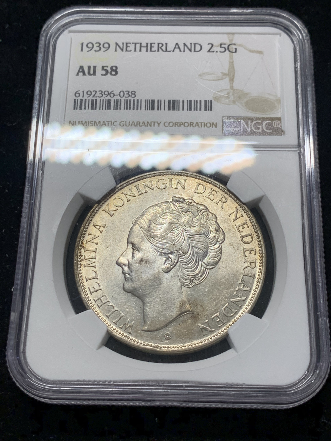 《竞宝斋》钱币微拍-第8场（不限金额顺丰包邮） NGC-AU58 荷兰 1939年 威廉米娜女王 2.5盾 银币