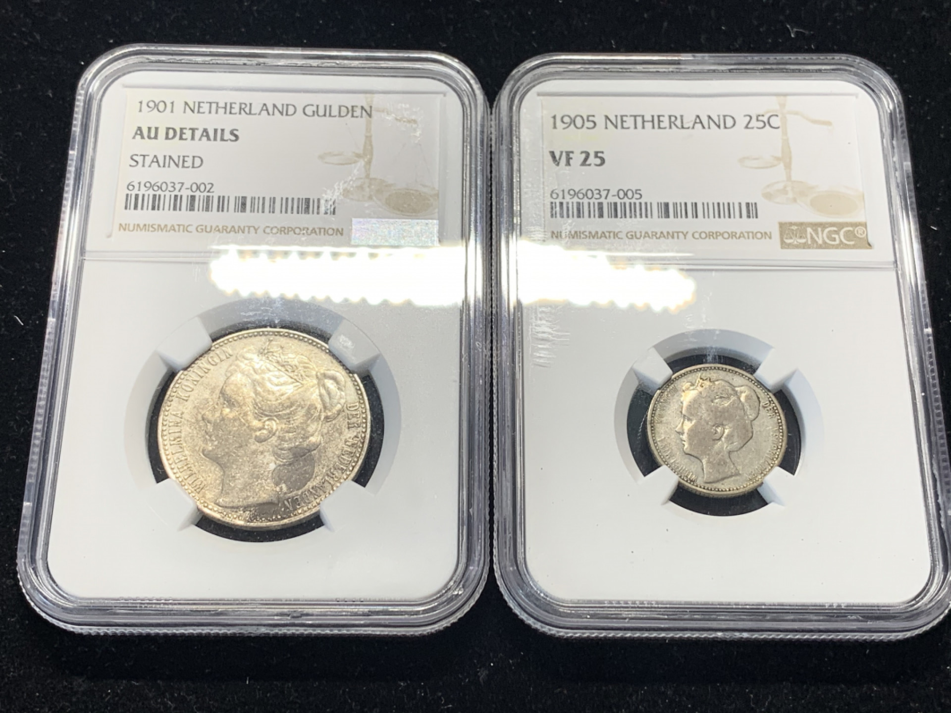《竞宝斋》钱币微拍-第8场（不限金额顺丰包邮） 荷兰威廉明娜少女版，1901年1盾AUD,1905年25分VF25，共两枚