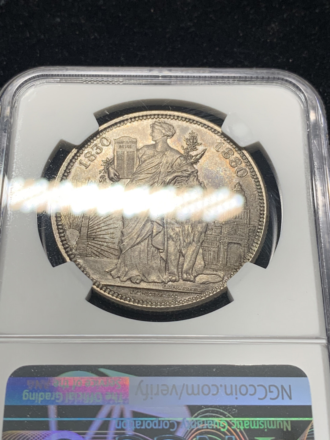 《竞宝斋》钱币微拍-第8场（不限金额顺丰包邮） NGC-MS62 比利时 1880年 狮子美女 5法郎 银币 原味老包浆给分太难了