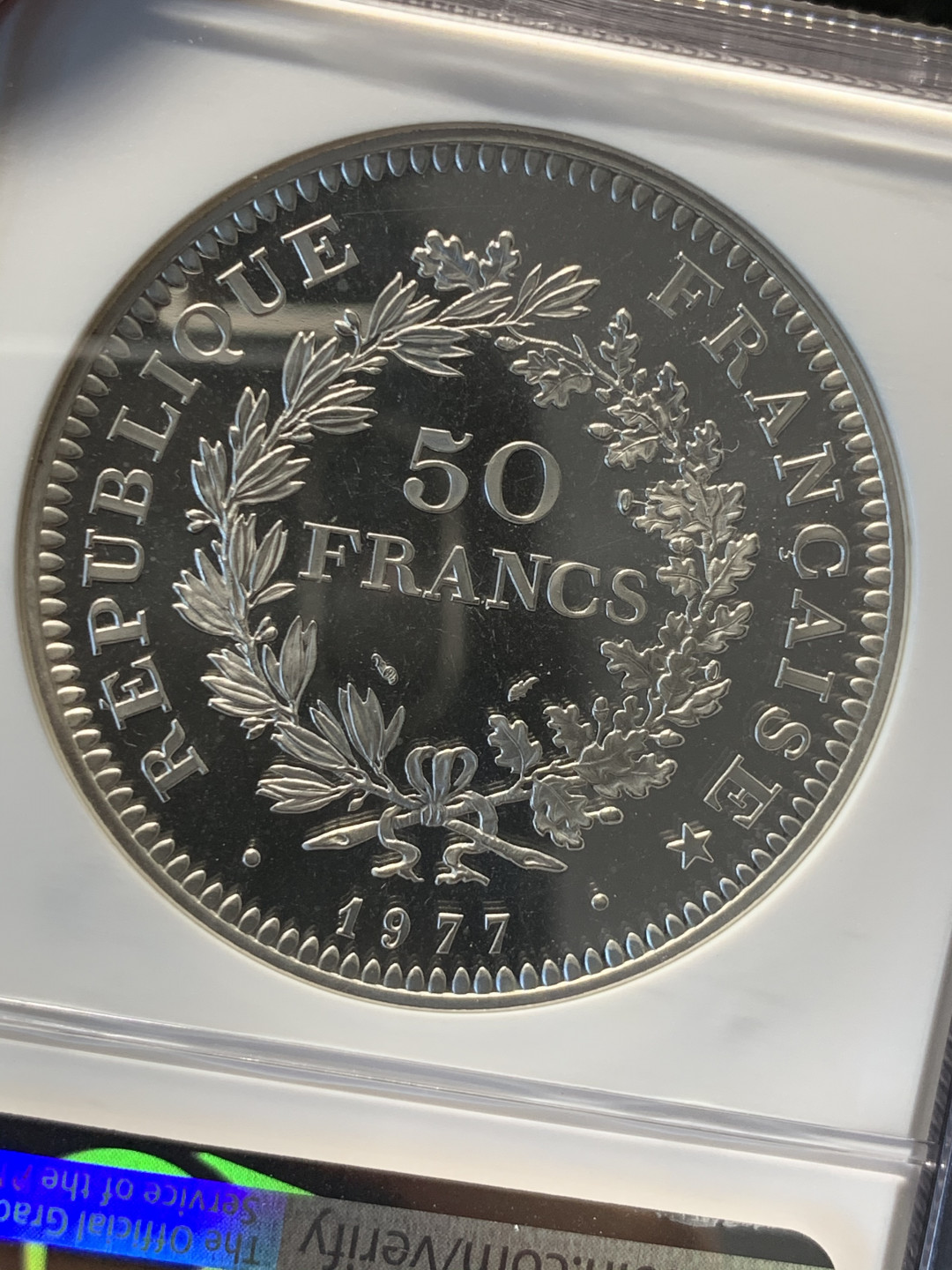 《竞宝斋》钱币微拍-第8场（不限金额顺丰包邮） NGC-PF68 法国1977年 PIEFORT加厚 50法郎 精铸版 大银币 稀少