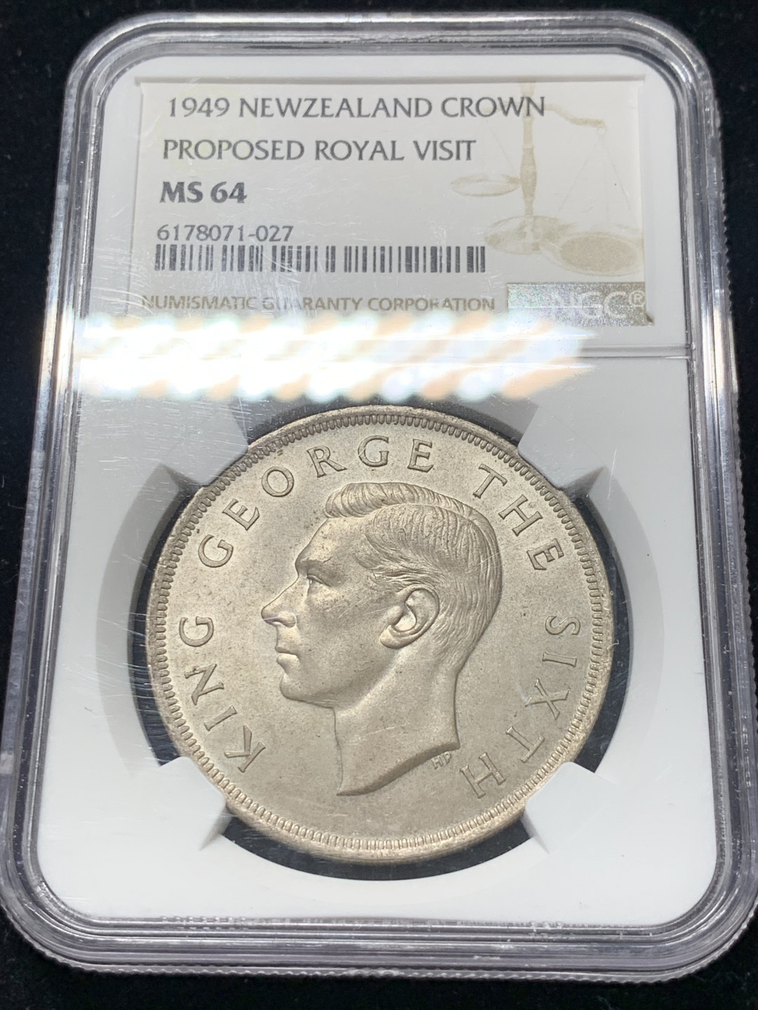 《竞宝斋》钱币微拍-第8场（不限金额顺丰包邮） NGC-MS64 新西兰 1949年 乔六 1克朗 粉光顶级状态