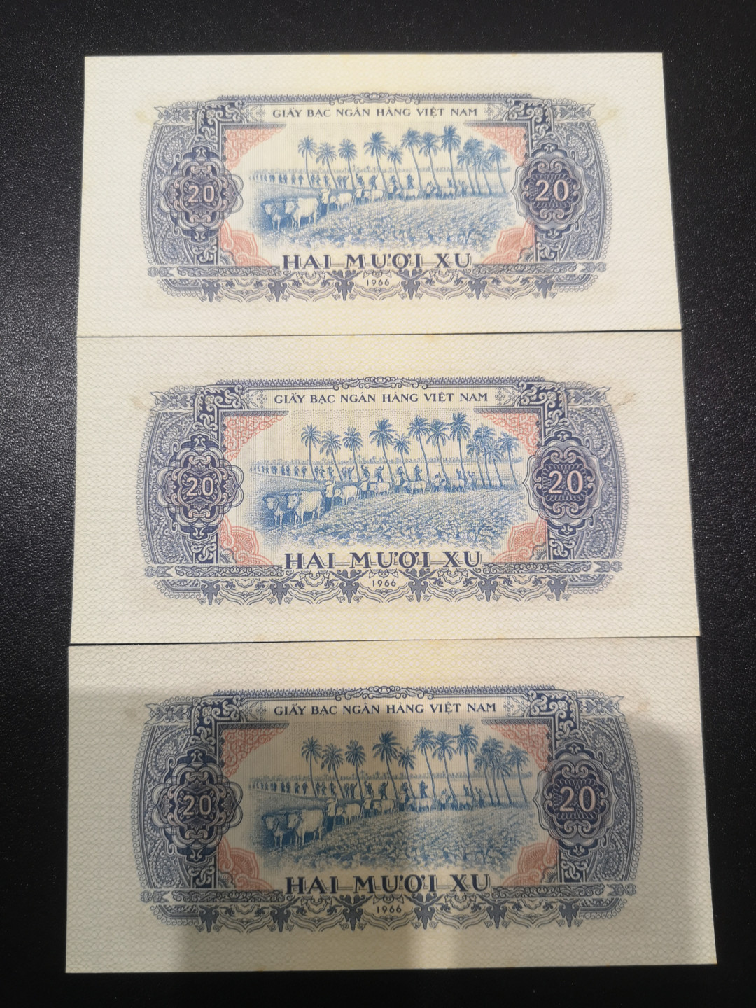 《外钞收藏家》金九银十双拍9号场（总133期）（本期72件） 1963年越南1、2盾 各三张连号  无折有潮癍 品相如图 
