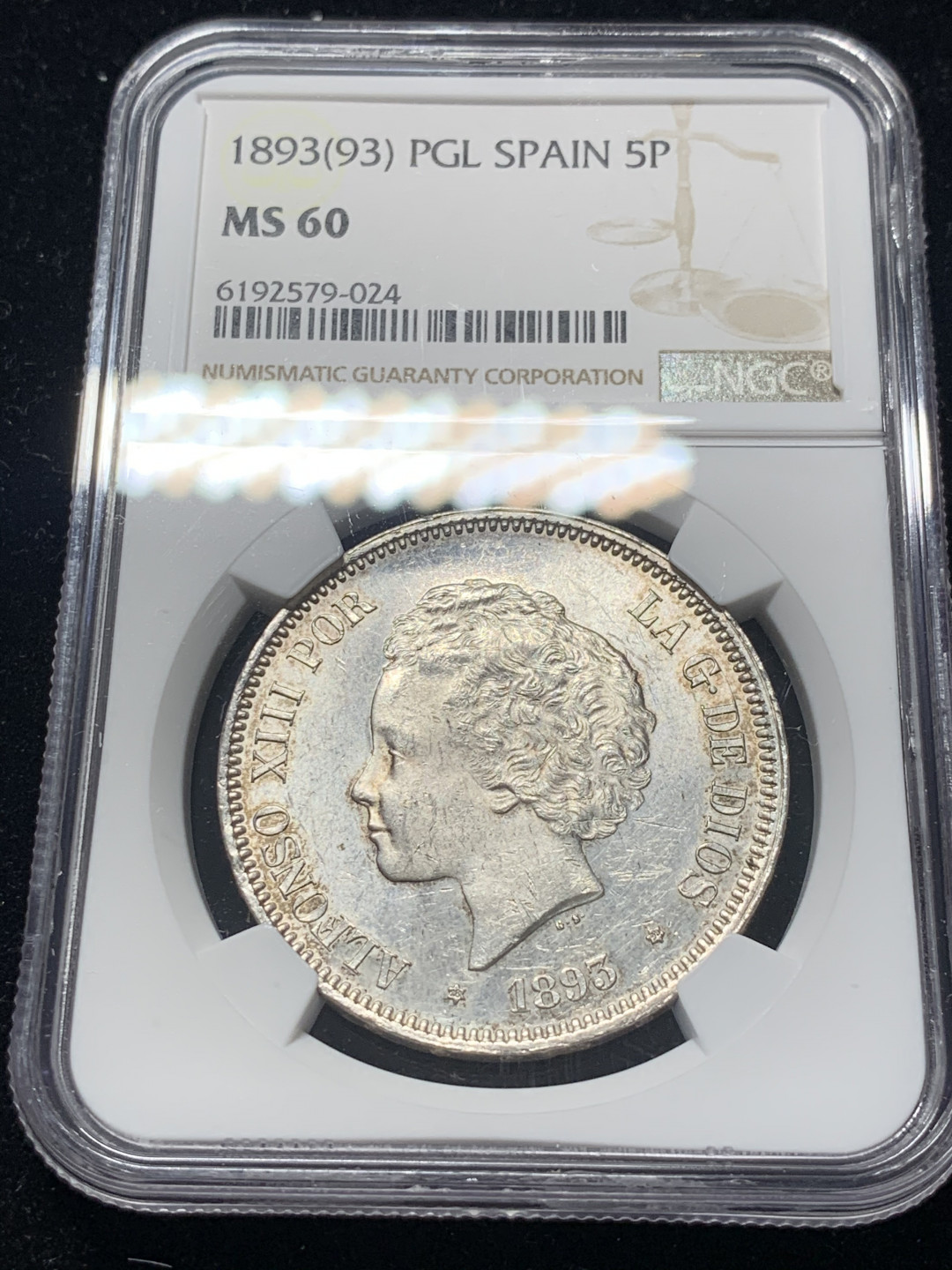 《竞宝斋》钱币微拍-第8场（不限金额顺丰包邮） NGC-MS60 西班牙 1893年 阿方索十三世 5比塞塔 双柱 银币 一流的光度 低评