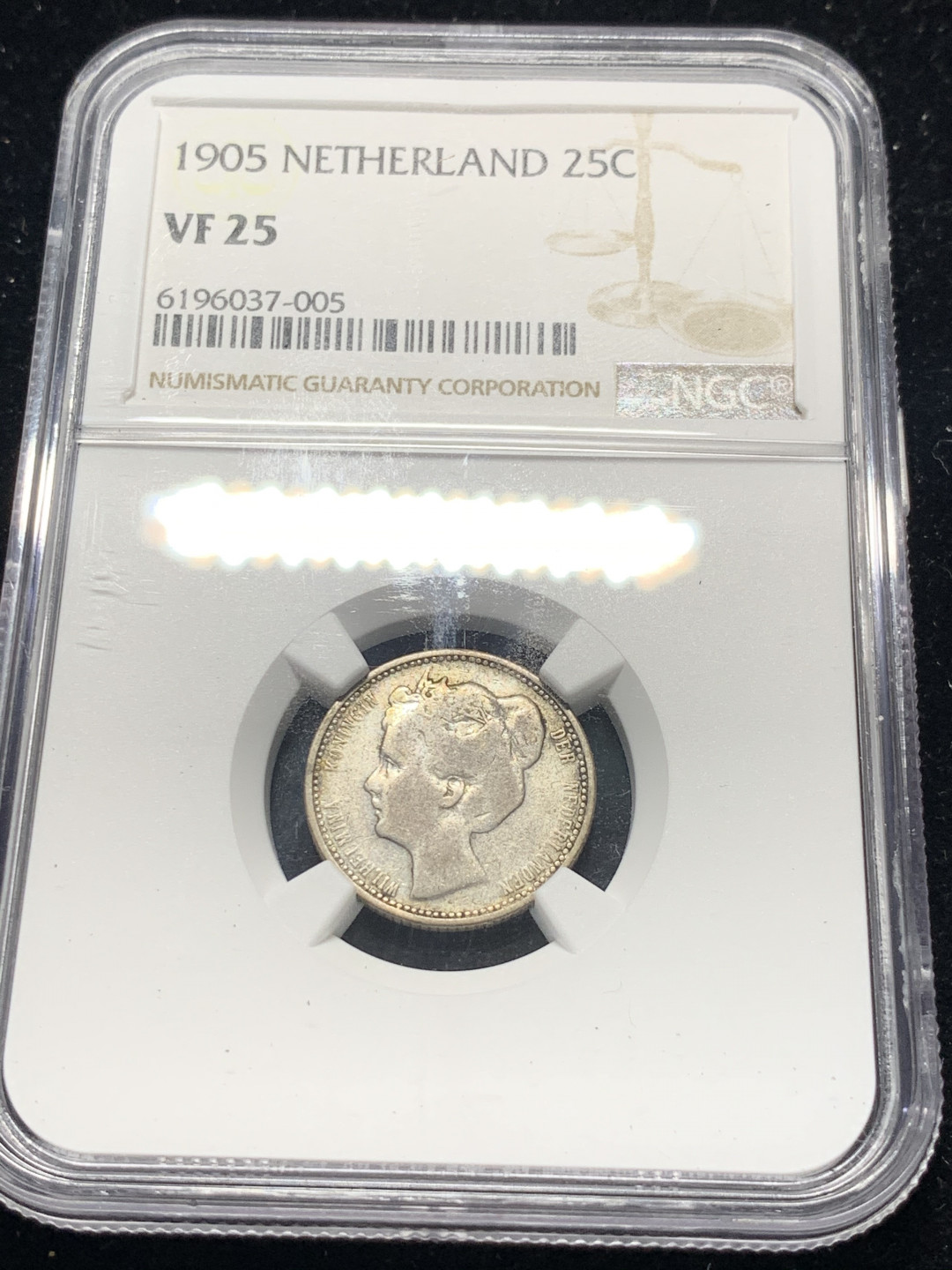 《竞宝斋》钱币微拍-第8场（不限金额顺丰包邮） 荷兰威廉明娜少女版，1901年1盾AUD,1905年25分VF25，共两枚