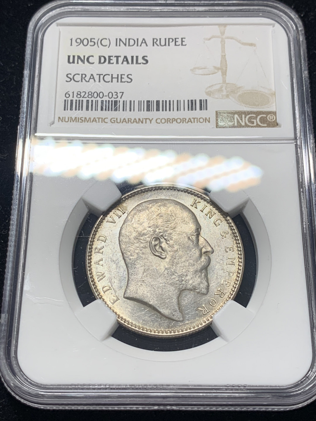 《竞宝斋》钱币微拍-第8场（不限金额顺丰包邮） NGC-UNC 印度 1905-C年 爱德华七世 1卢比 原光银币