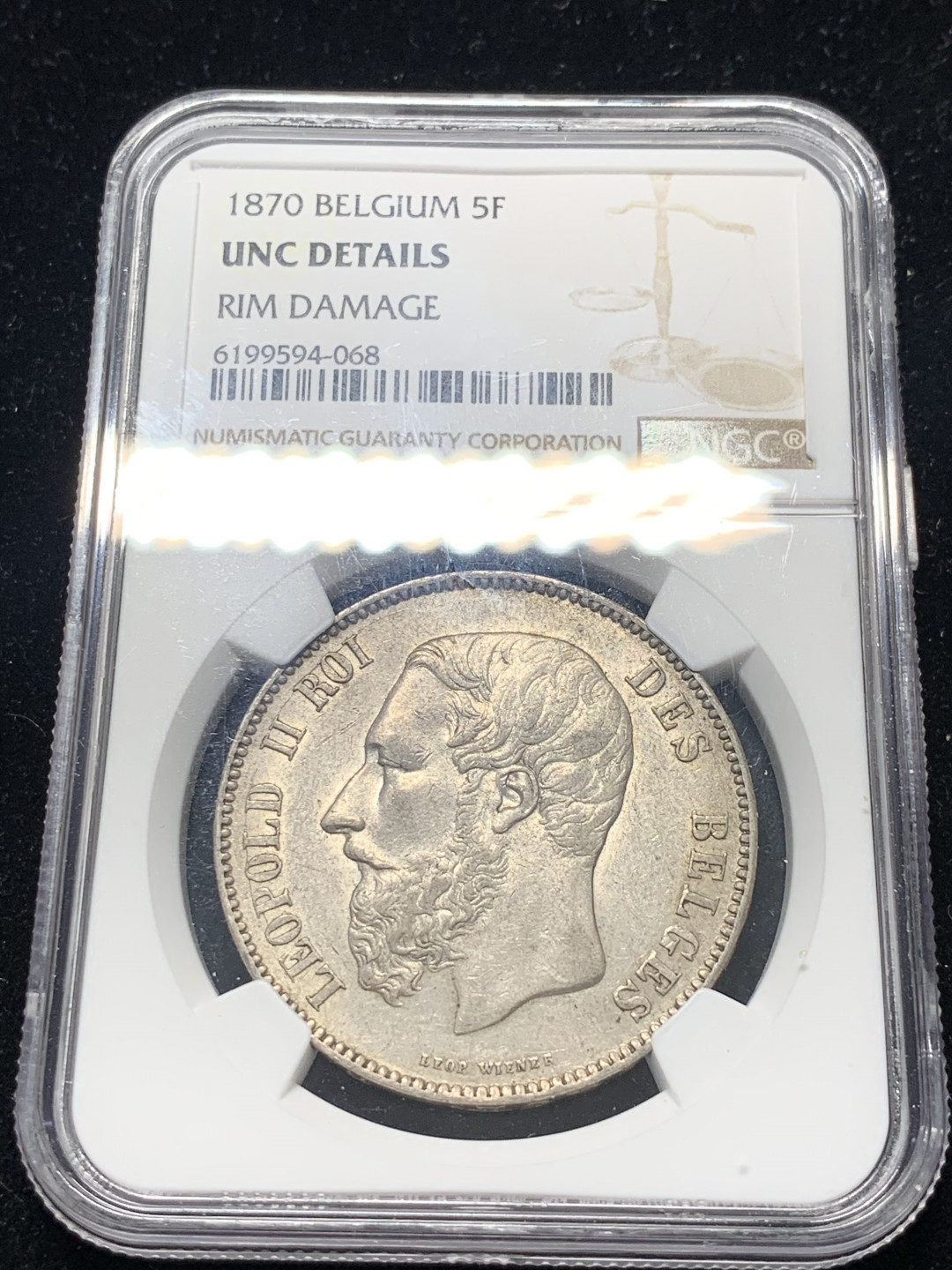 《竞宝斋》钱币微拍-第8场（不限金额顺丰包邮） NGC-UNC 比利时1870年 5法郎 大银币