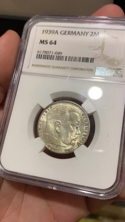 《竞宝斋》钱币微拍-第8场（不限金额顺丰包邮） NGC-MS64 德国 1939A-aA年 2马克 银币