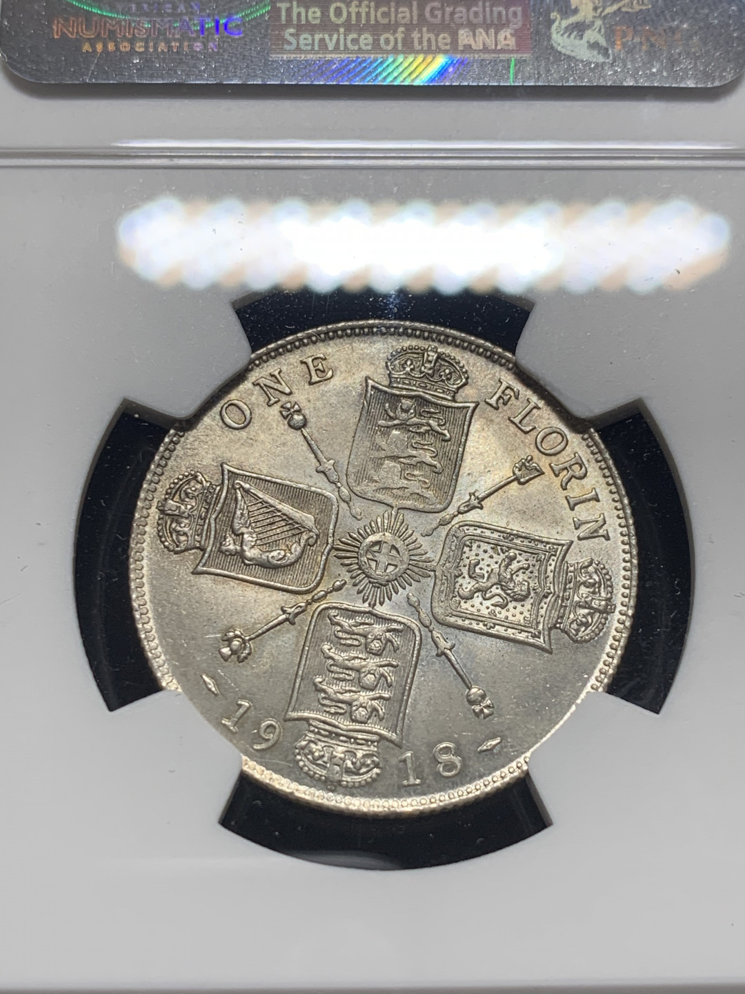 《竞宝斋》钱币微拍-第8场（不限金额顺丰包邮） NGC-MS64 英国1918年乔治五世弗罗林 1918为高银版，含925银，通货都少见，64的分的第一次过手 NGC编号：4792015-004