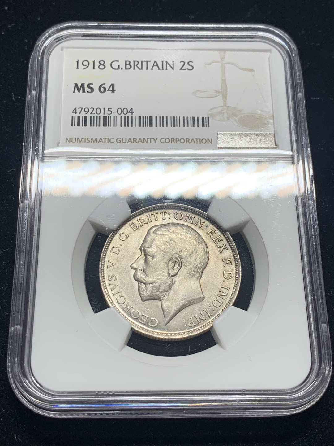 《竞宝斋》钱币微拍-第8场（不限金额顺丰包邮） NGC-MS64 英国1918年乔治五世弗罗林 1918为高银版，含925银，通货都少见，64的分的第一次过手 NGC编号：4792015-004