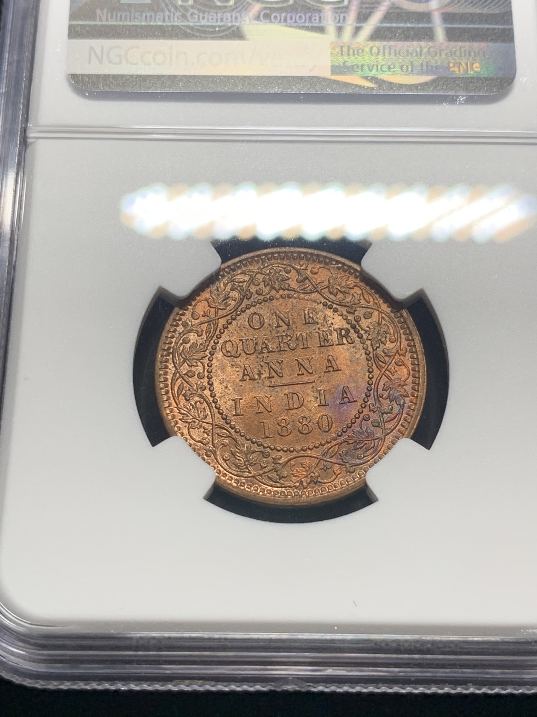 《竞宝斋》钱币微拍-第8场（不限金额顺丰包邮） NGC-MS63 英属印度1880年维多利亚1/4安娜 原光品质，铜币难得 NGC编号：6054349-010