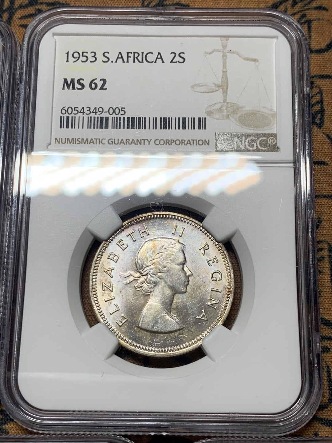 《竞宝斋》钱币微拍-第8场（不限金额顺丰包邮） NGC-MS62-65 南非1953年伊丽莎白女王 5枚套（2银3铜）品好细节更好，到手就不用换了，高效省事。