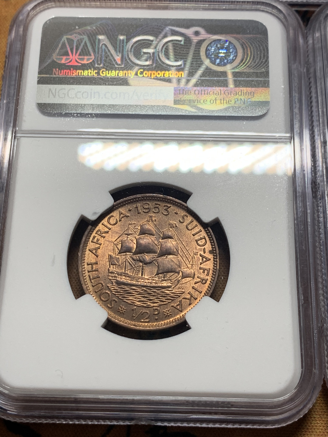 《竞宝斋》钱币微拍-第8场（不限金额顺丰包邮） NGC-MS62-65 南非1953年伊丽莎白女王 5枚套（2银3铜）品好细节更好，到手就不用换了，高效省事。