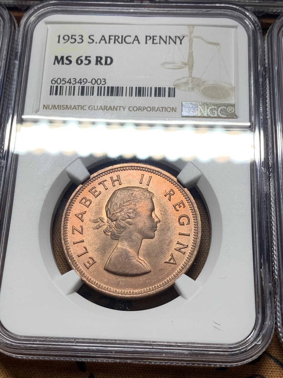 《竞宝斋》钱币微拍-第8场（不限金额顺丰包邮） NGC-MS62-65 南非1953年伊丽莎白女王 5枚套（2银3铜）品好细节更好，到手就不用换了，高效省事。