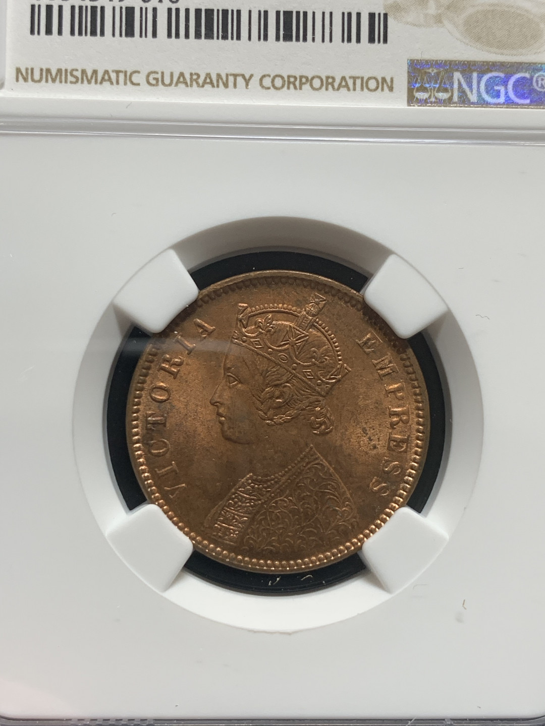 《竞宝斋》钱币微拍-第8场（不限金额顺丰包邮） NGC-MS63 英属印度1880年维多利亚1/4安娜 原光品质，铜币难得 NGC编号：6054349-010