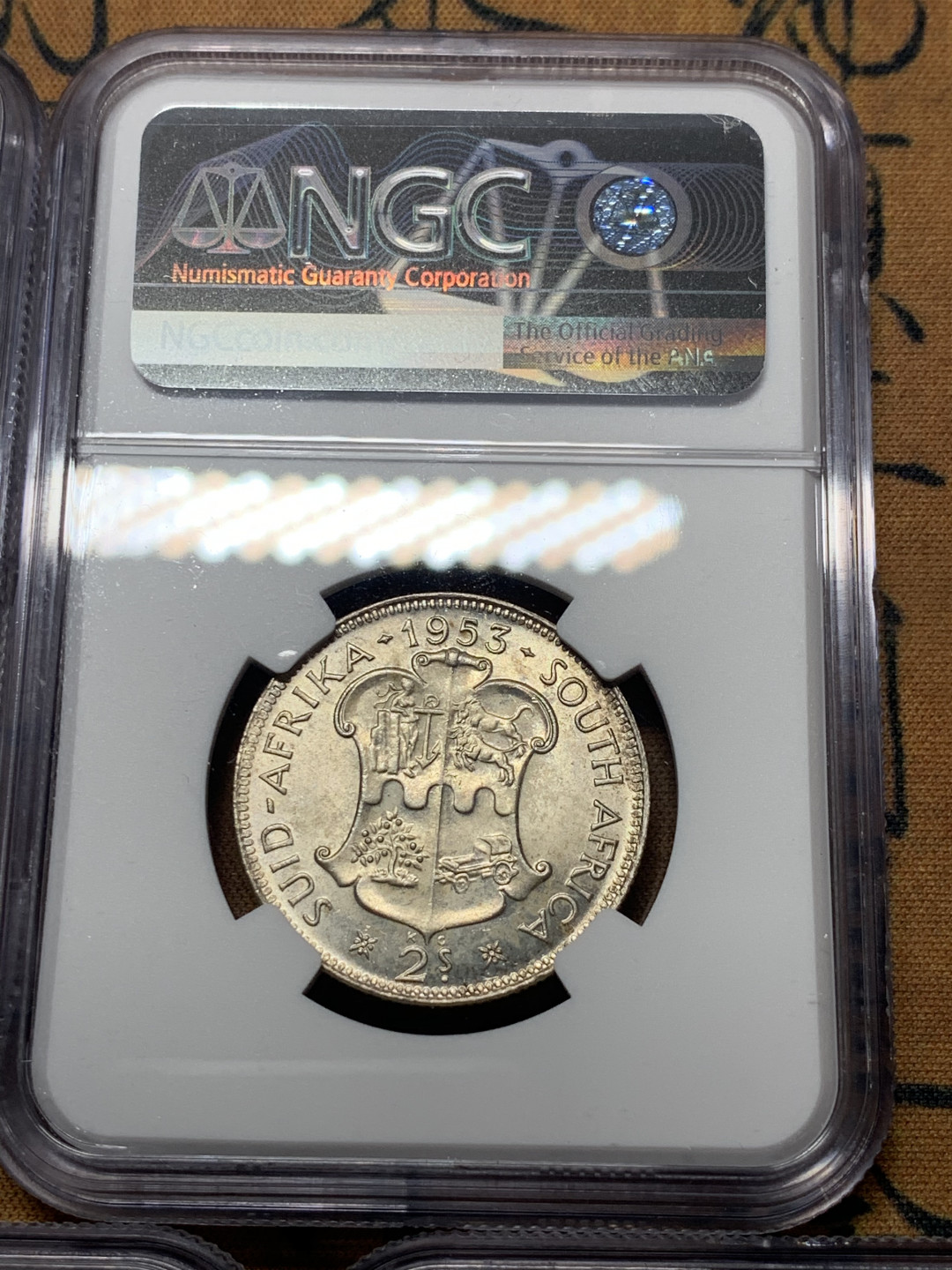 《竞宝斋》钱币微拍-第8场（不限金额顺丰包邮） NGC-MS62-65 南非1953年伊丽莎白女王 5枚套（2银3铜）品好细节更好，到手就不用换了，高效省事。