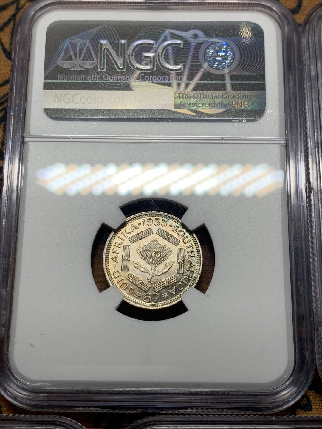 《竞宝斋》钱币微拍-第8场（不限金额顺丰包邮） NGC-MS62-65 南非1953年伊丽莎白女王 5枚套（2银3铜）品好细节更好，到手就不用换了，高效省事。