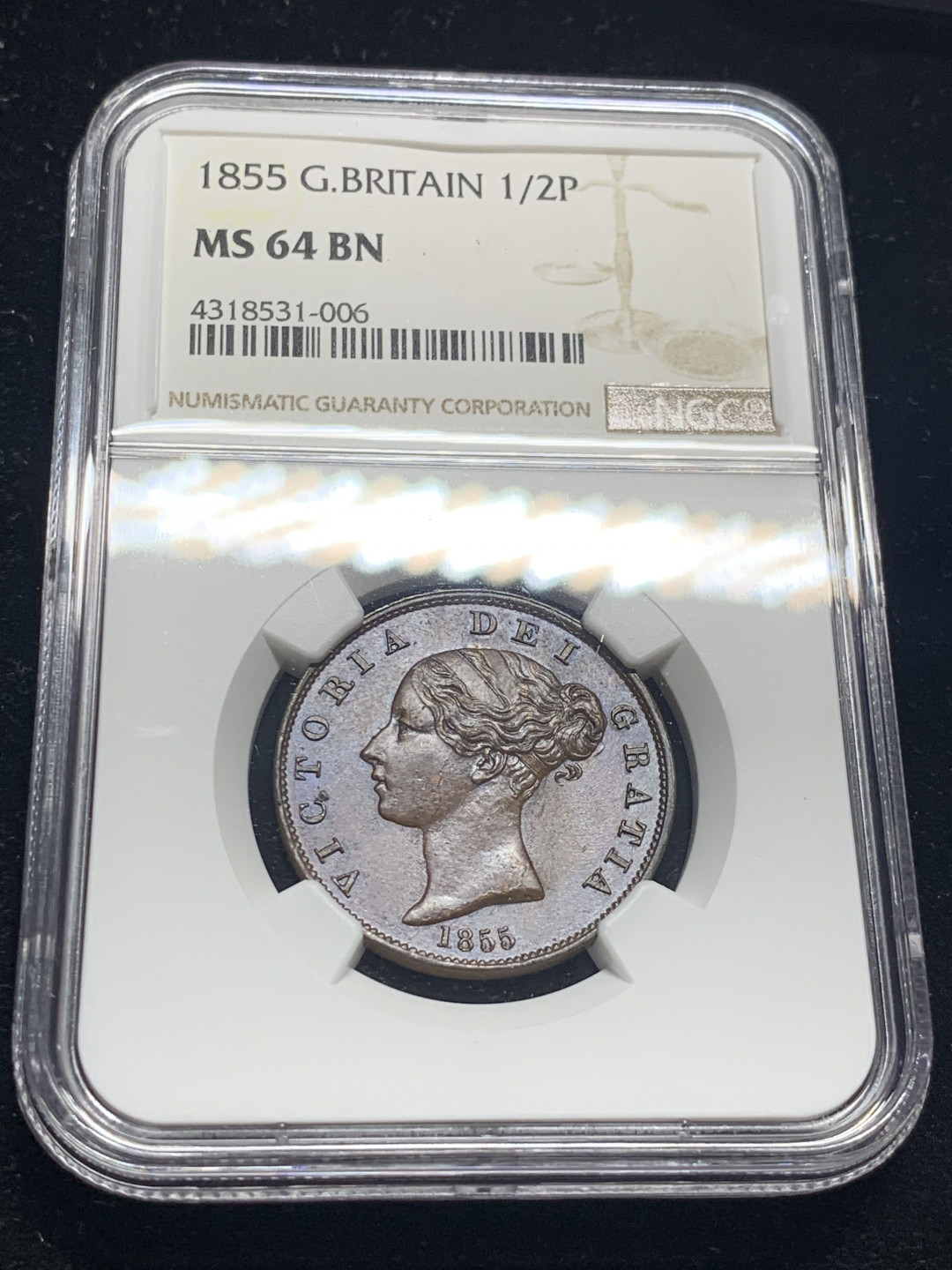 《竞宝斋》钱币微拍-第8场（不限金额顺丰包邮） NGC-MS64BN 英国1855年维多利亚1/2便士 发髻高点聚在，深咖色包浆 可遇不可求！NGC编号：4318531-006 绝美铜色