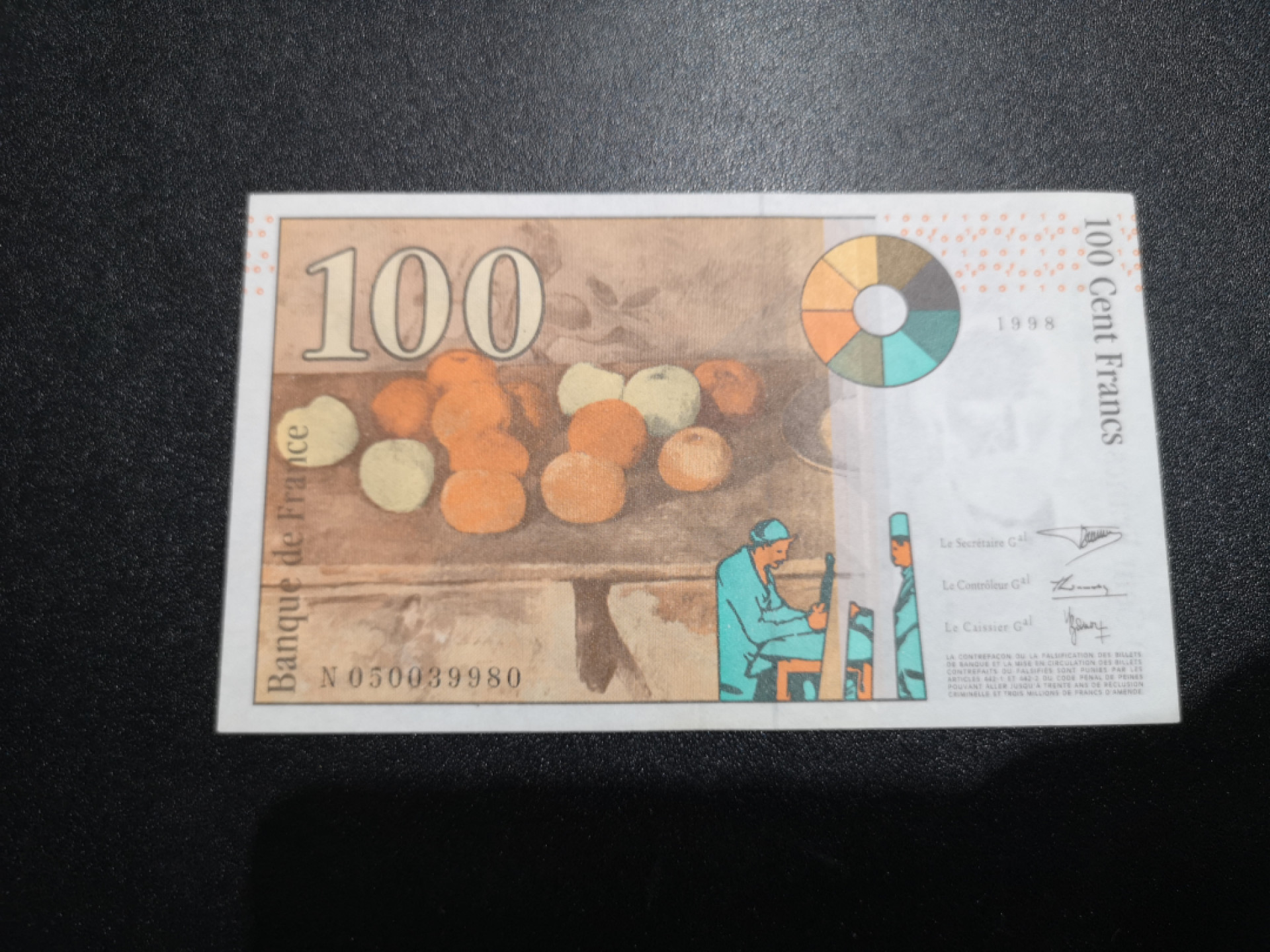 《外钞收藏家》金九银十双拍10号场（总134期）（本期90件） 法国末版100法郎 近全新 荧光有潮癍