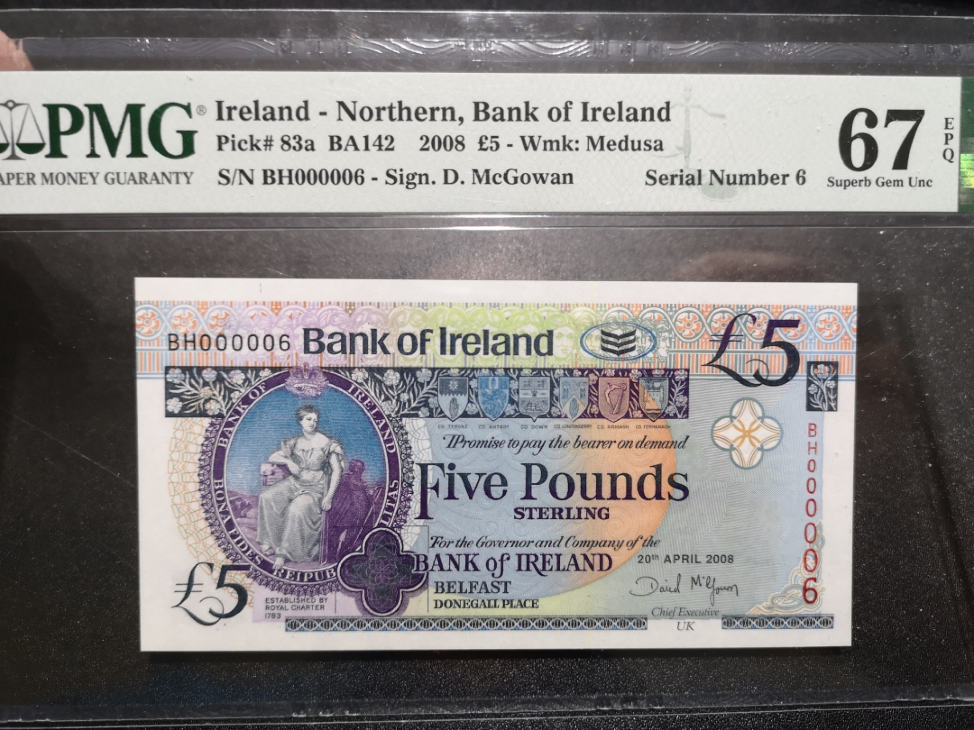 《外钞收藏家》金九银十双拍10号场（总134期）（本期90件） 2008年北爱尔兰5镑 PMG67 超小号6号 有标注