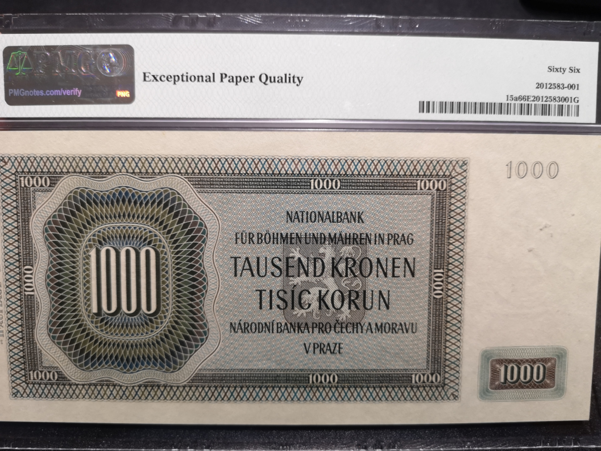 《外钞收藏家》金九银十双拍10号场（总134期）（本期90件） 1942年波西米亚和马拉维亚 1000克朗 PMG66 